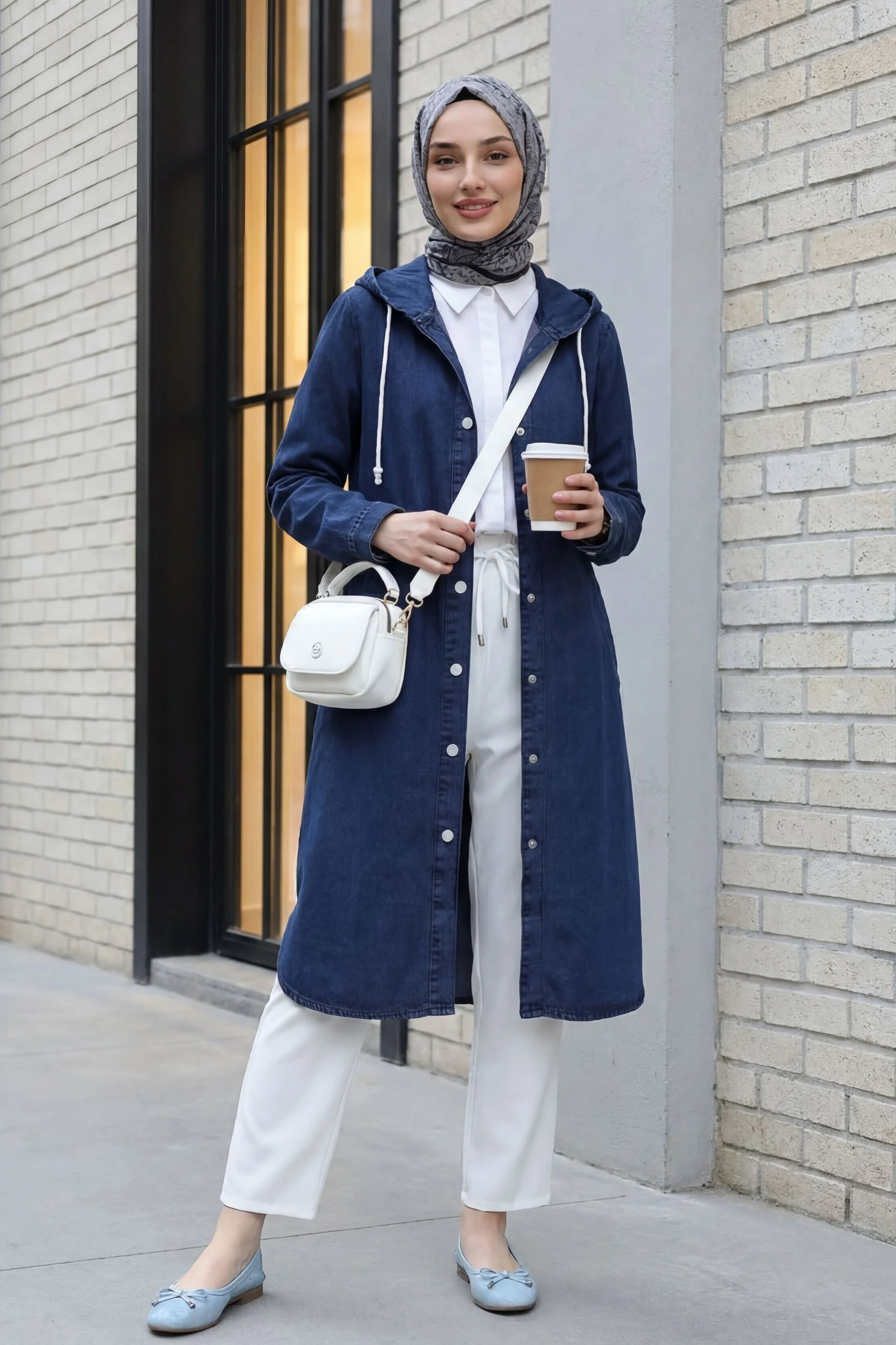 Women's Hooded Buttoned Oversized Denim Jacket in Dark Navy - Podyumplus - by Peralane - photo 2