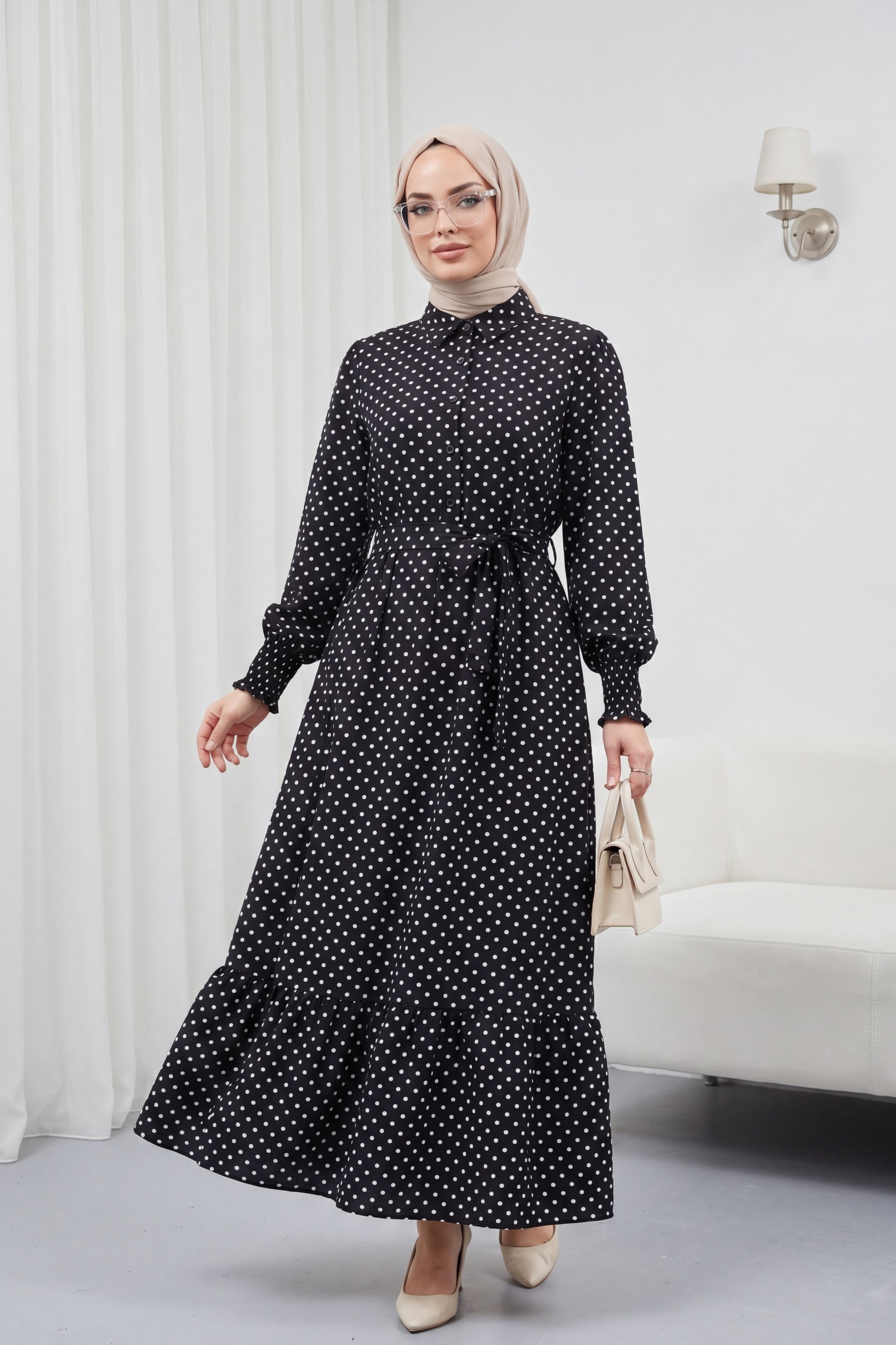 Black Polka Dot Belted Shirt Dress with Smocked Cuffs - Podyumplus - by Peralane