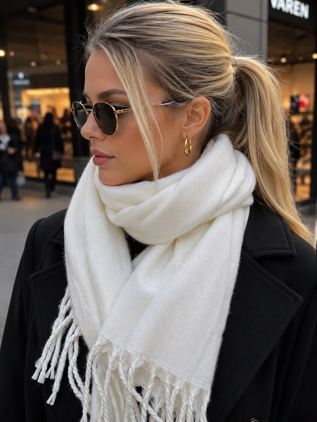 Fringed Soft Textured Puffy Shawl Scarf in Ecru - Nesvay - by Peralane