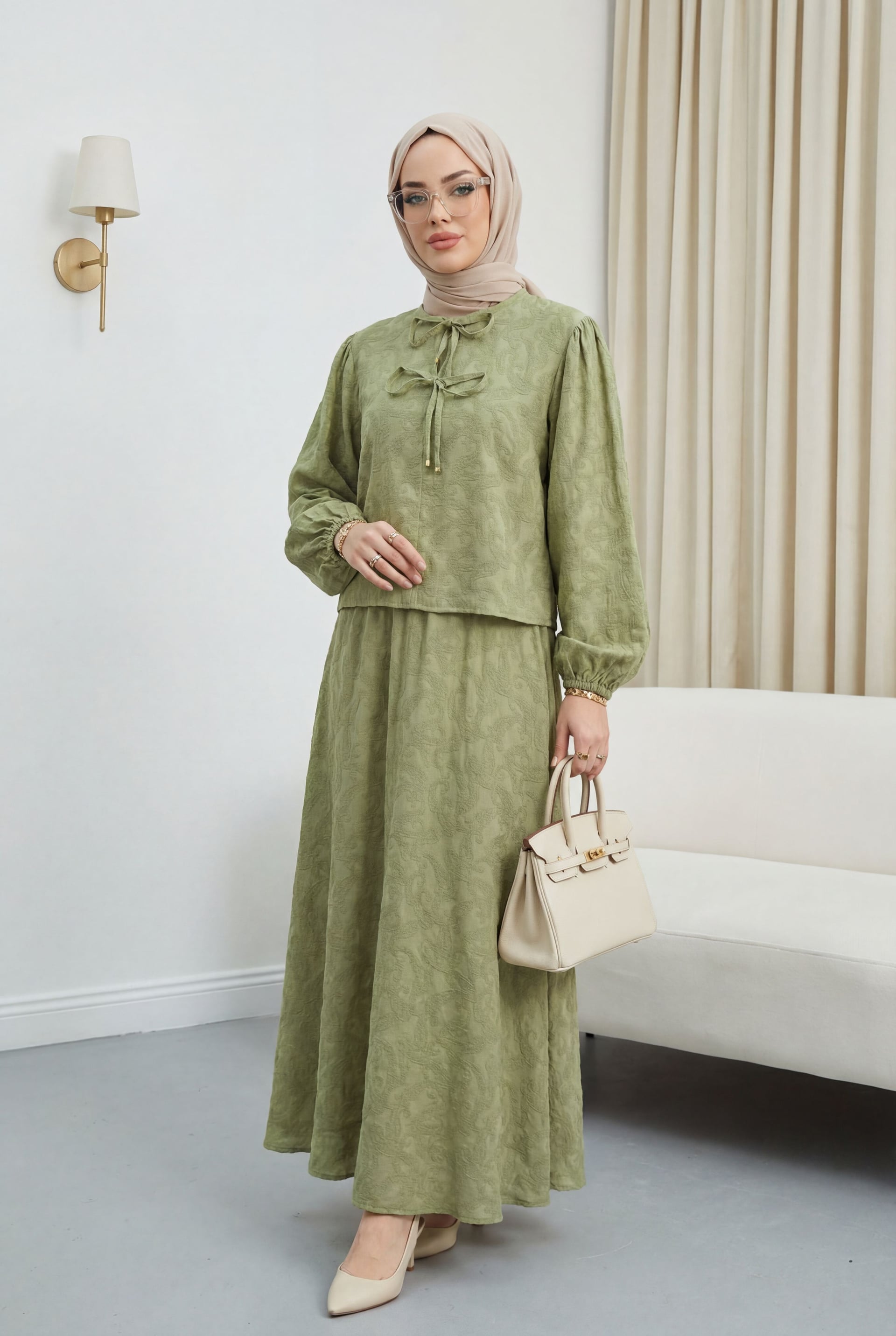 Long-Sleeve Tie-Neck Jacquard Two-Piece Set with Skirt - Sage Green - Podyumplus - by Peralane