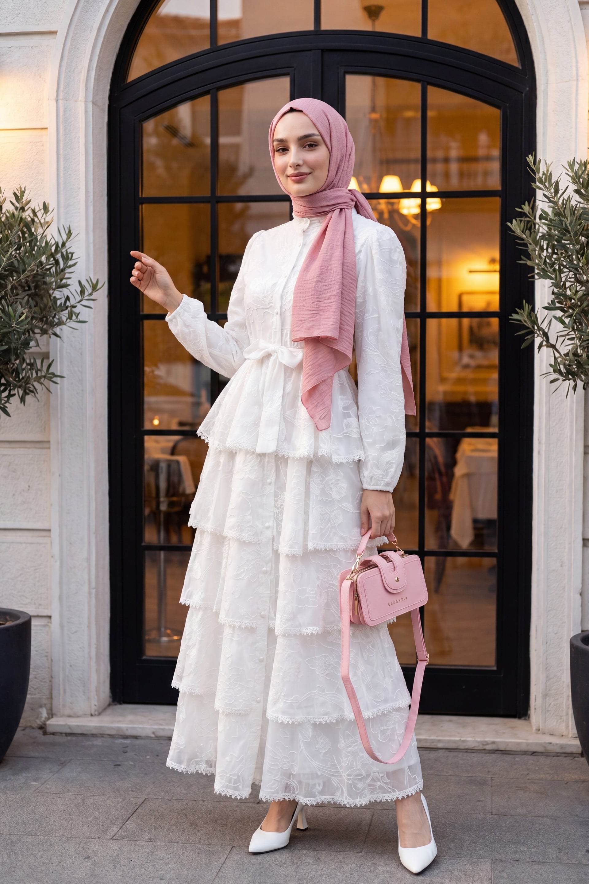 White Button-Front Tiered Chiffon Maxi Dress with Belt - Podyumplus - by Peralane - photo 2