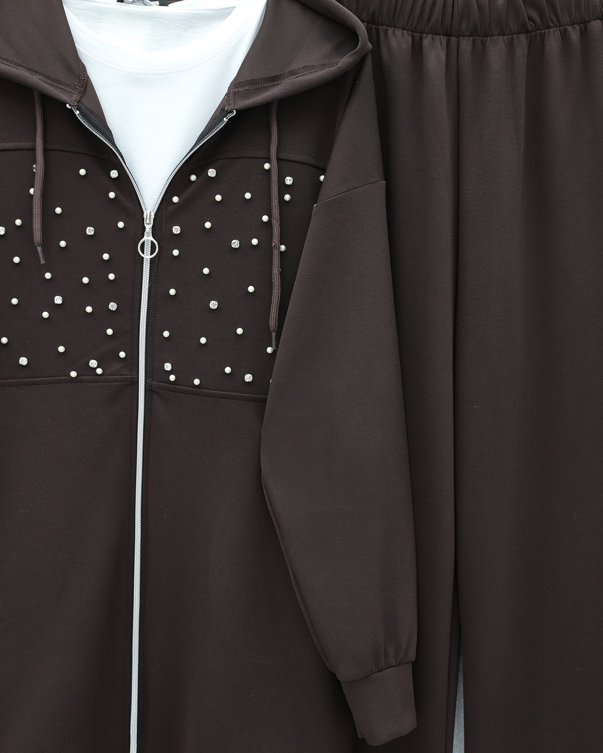 Hooded Zipper Front Pearl and Stone Detail Loungewear Set - Brown - Podyumplus - by Peralane - photo 4