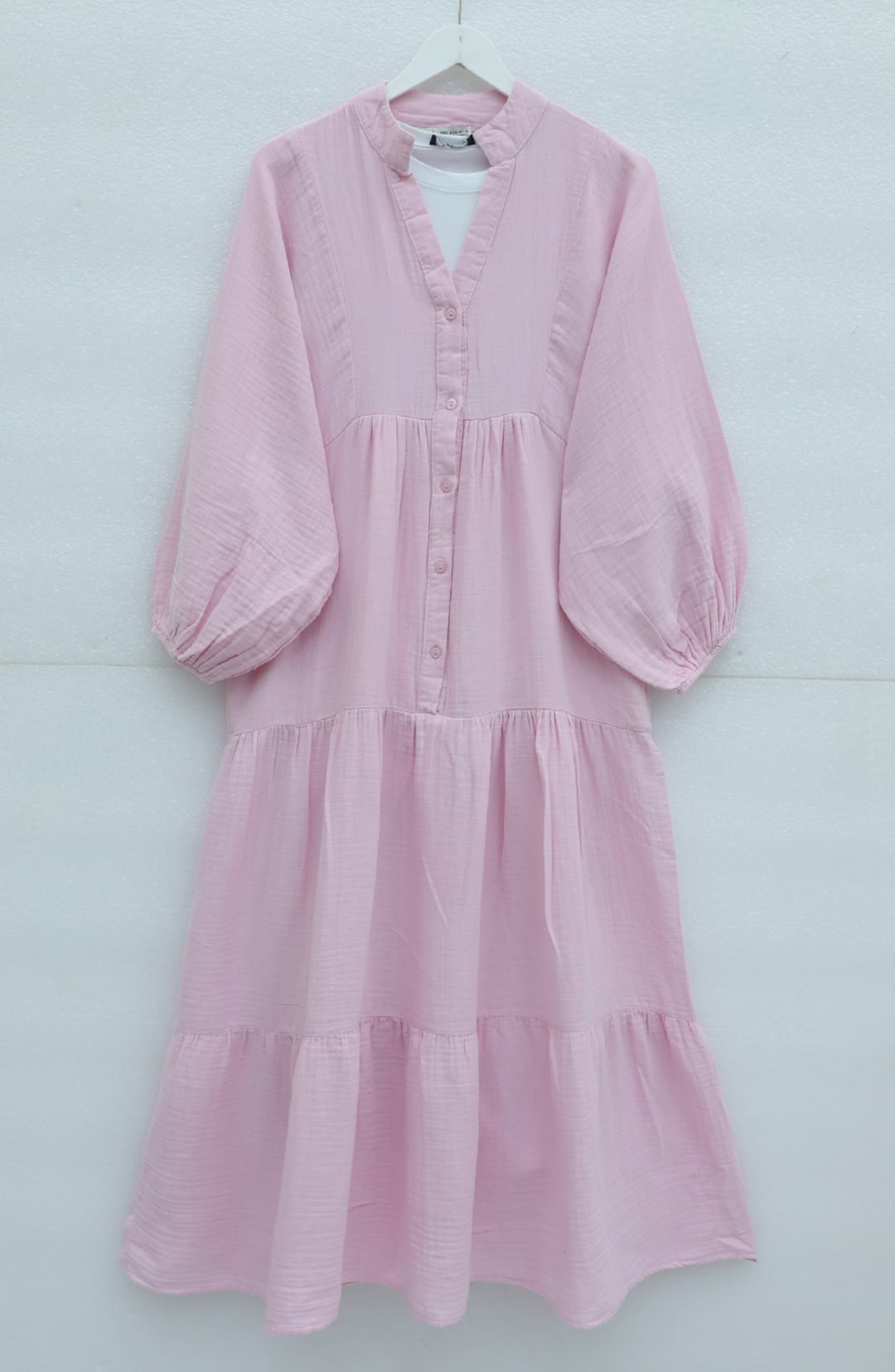 V-Neck Half Button Tiered Muslin Dress with Elasticated Cuffs - Pink - Podyumplus - by Peralane - photo 4