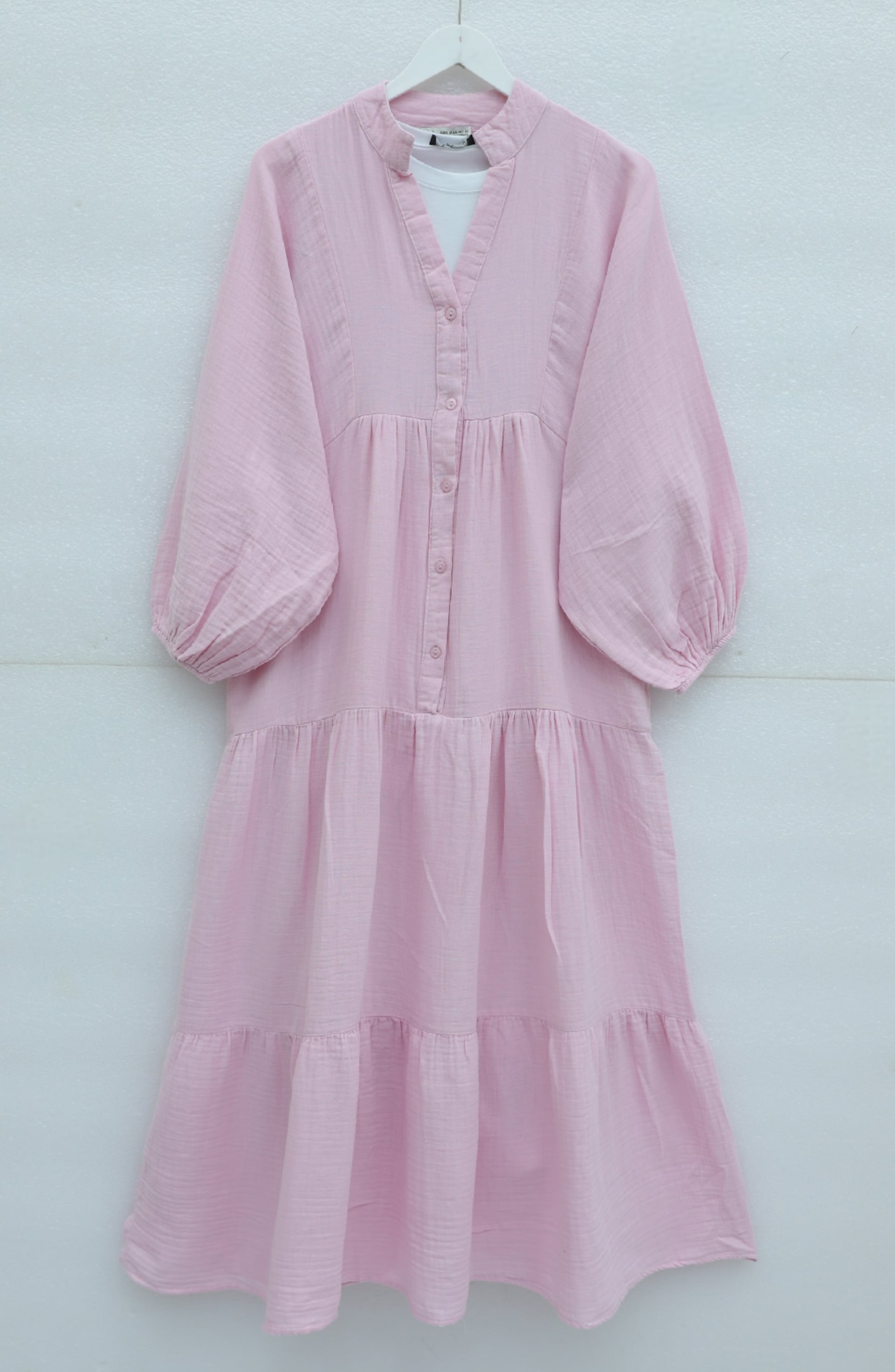 V-Neck Half Button Tiered Muslin Dress with Elasticated Cuffs - Pink - Podyumplus - by Peralane - photo 4