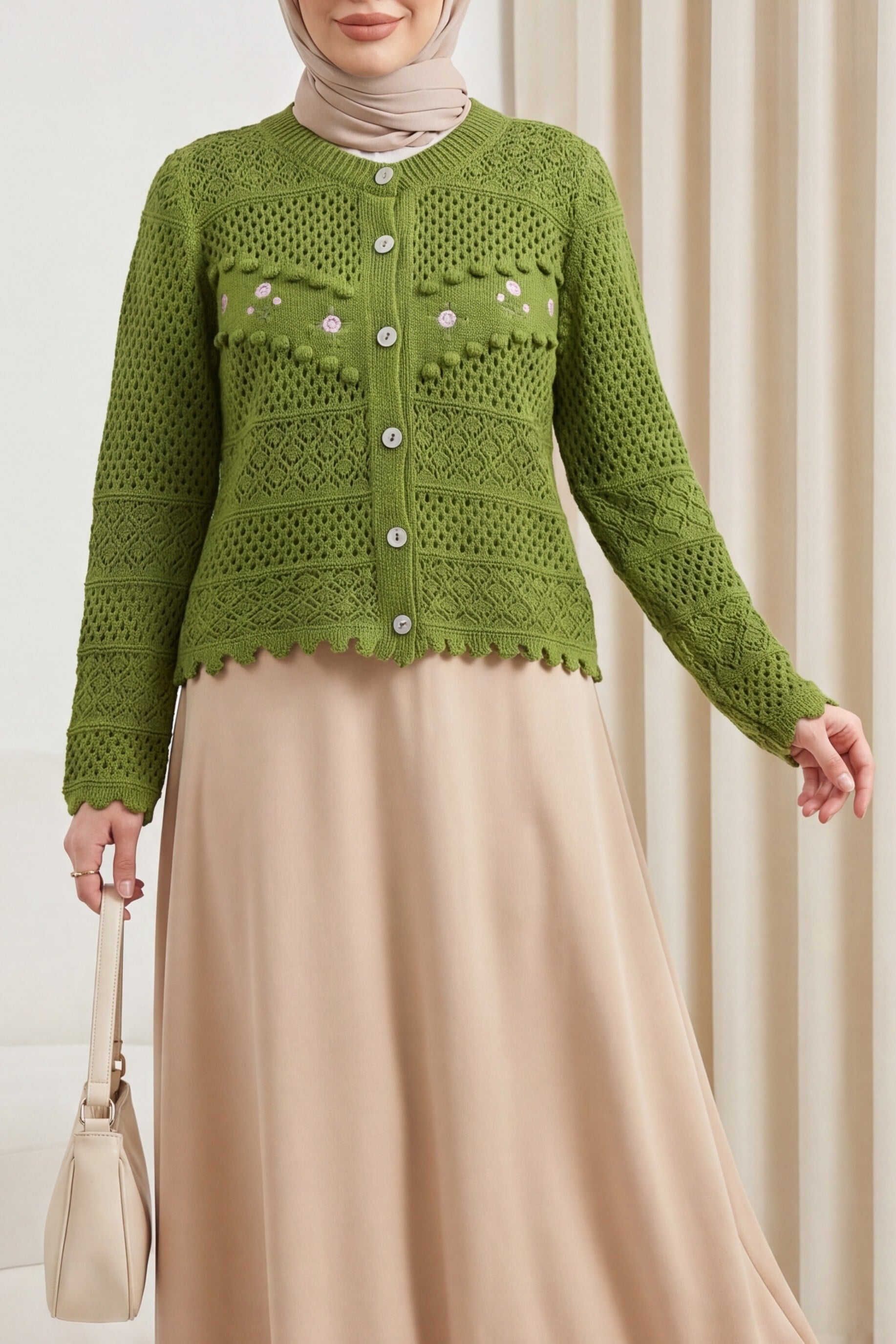 Front Floral Embroidered Pom-Pom Buttoned Knit Cardigan - Khaki - Podyumplus - by Peralane