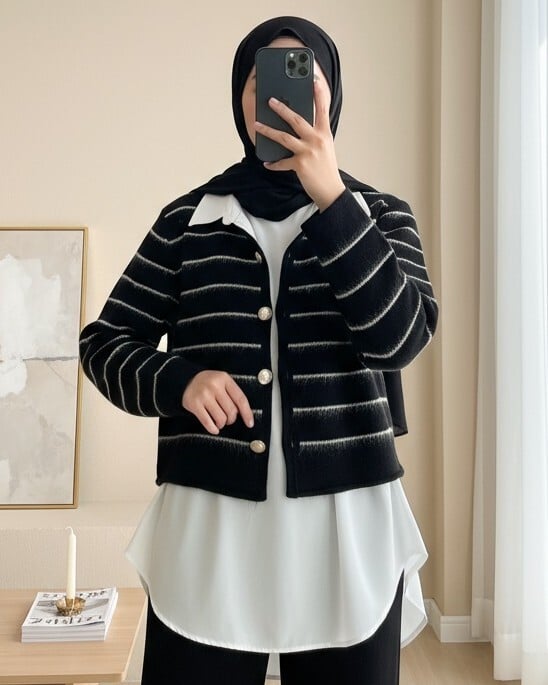 Black Striped Knitted Cardigan with Shirt Collar Detail - Podyumplus - by Peralane - photo 2