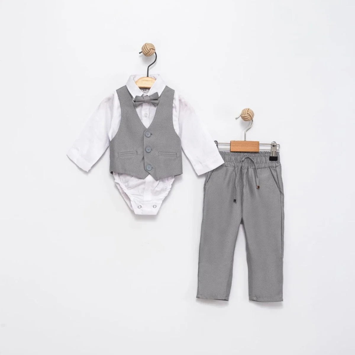 Baby Boy's 4-Piece Formal Suit Set with Vest, Shirt Bodysuit, and Trousers - Grey - Terry - by Peralane