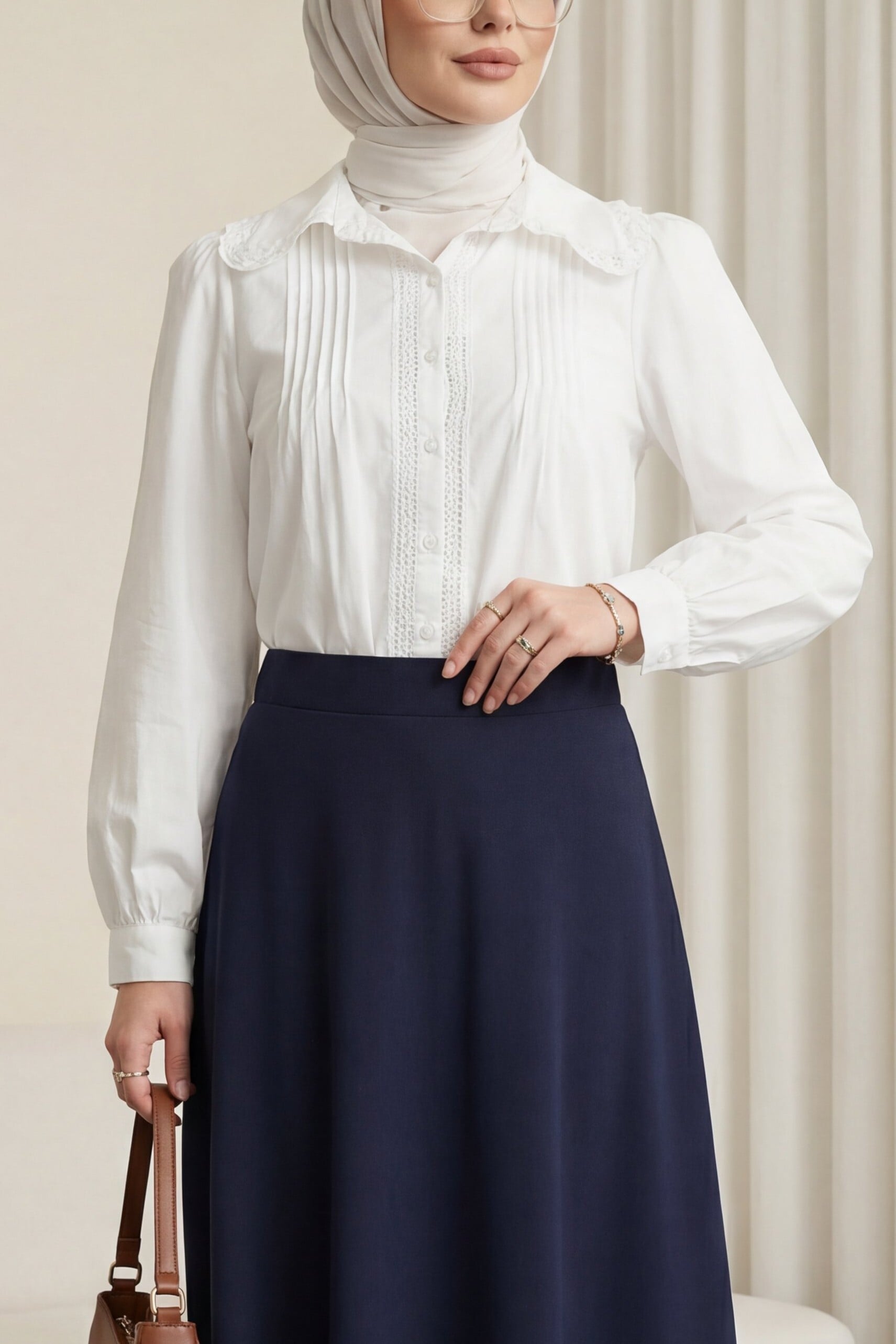 Front Scallop Pleated Poplin Shirt Blouse - White - Podyumplus - by Peralane