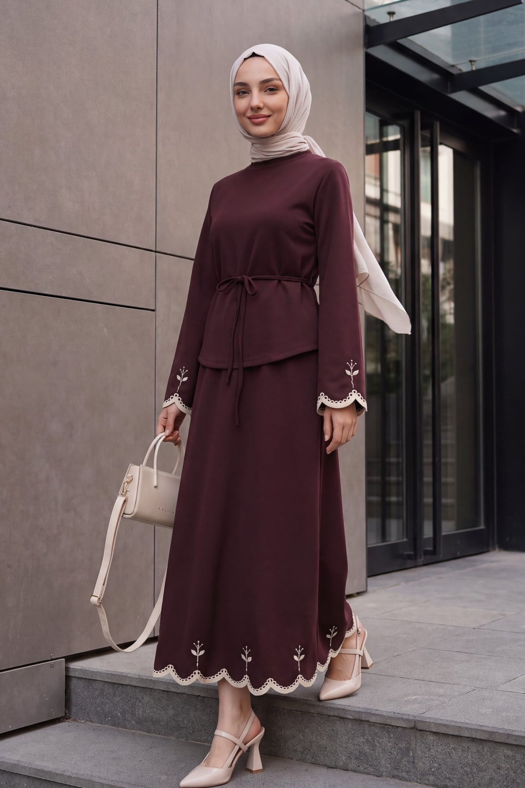 Embroidered Belted Maxi Skirt Set with Top - Plum - Podyumplus - by Peralane - photo 3