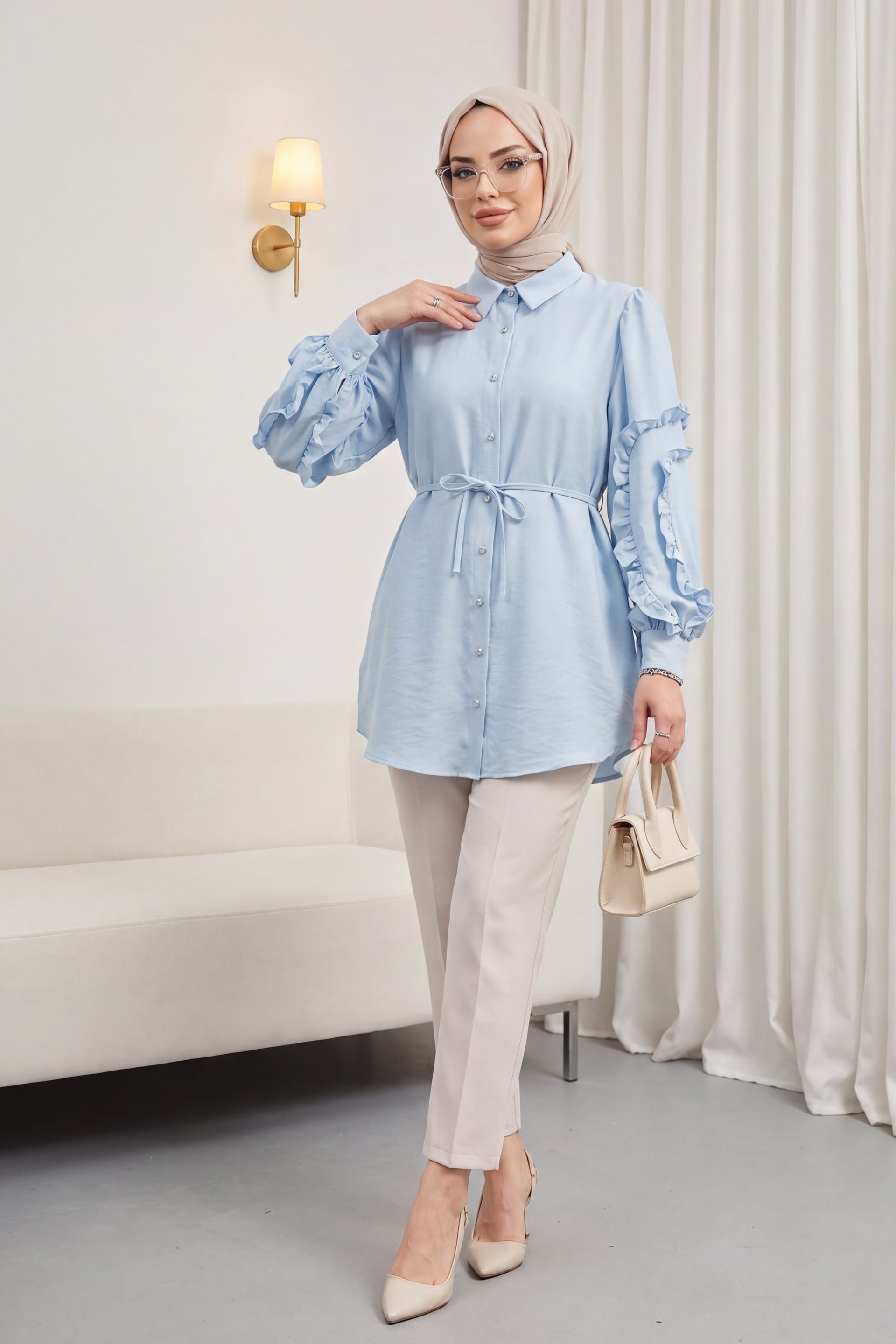 Ruffled Sleeve Stone Button Tie-Front Blouse - Ice Blue - Podyumplus - by Peralane - photo 2