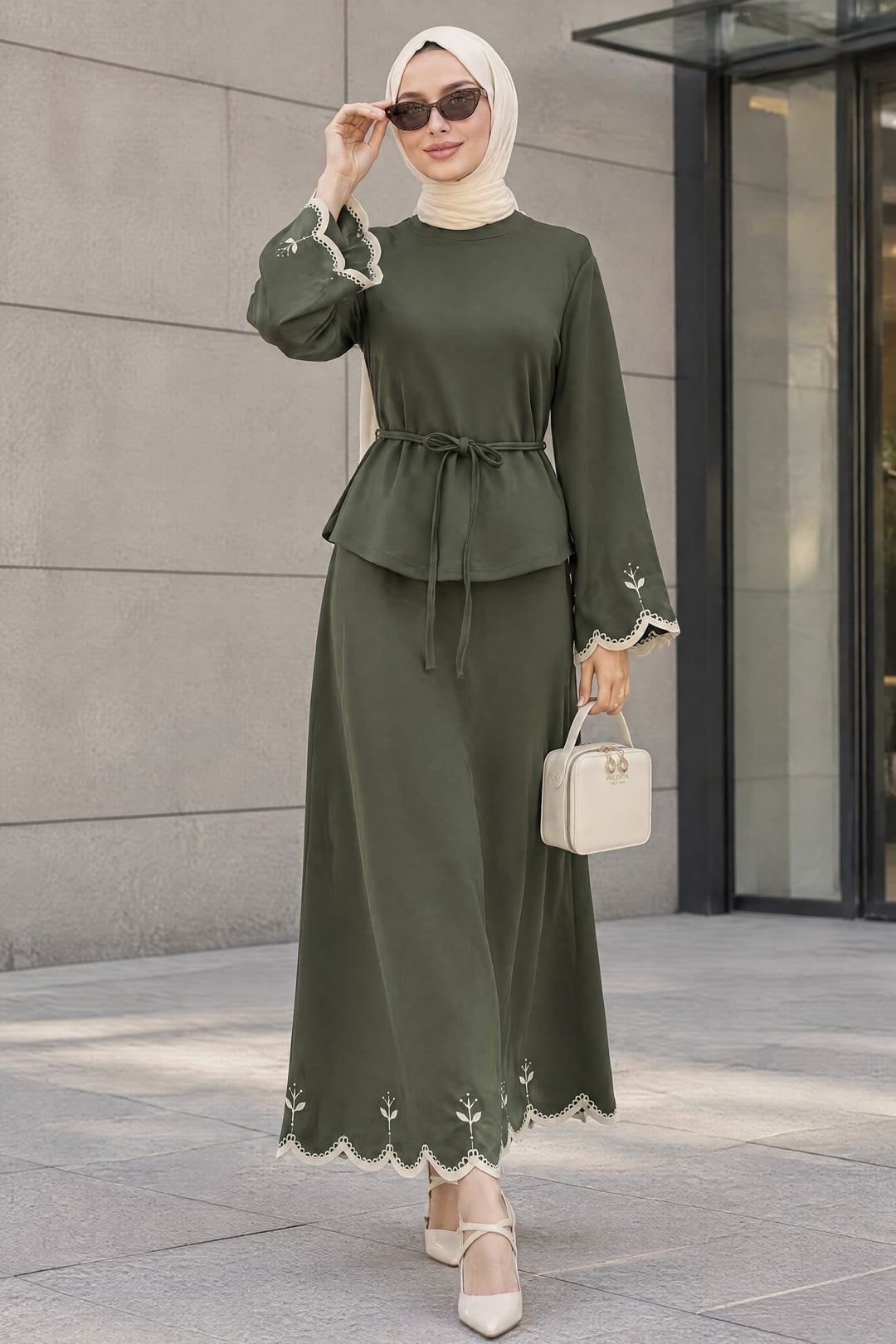 Embroidered Two-Piece Modest Set with Tie Belt - Olive Green - Podyumplus - by Peralane - photo 3