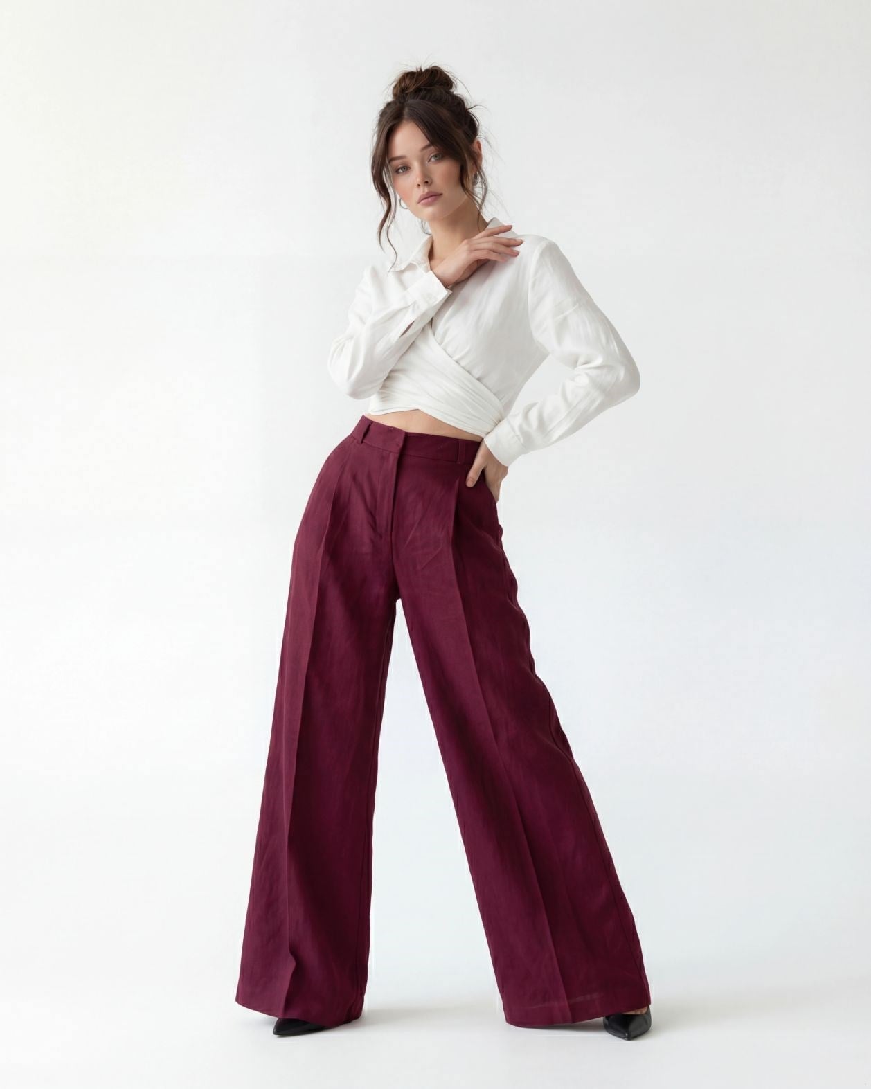 Women's High-Waist Wide-Leg Linen Trousers in Burgundy - Fame - by Peralane