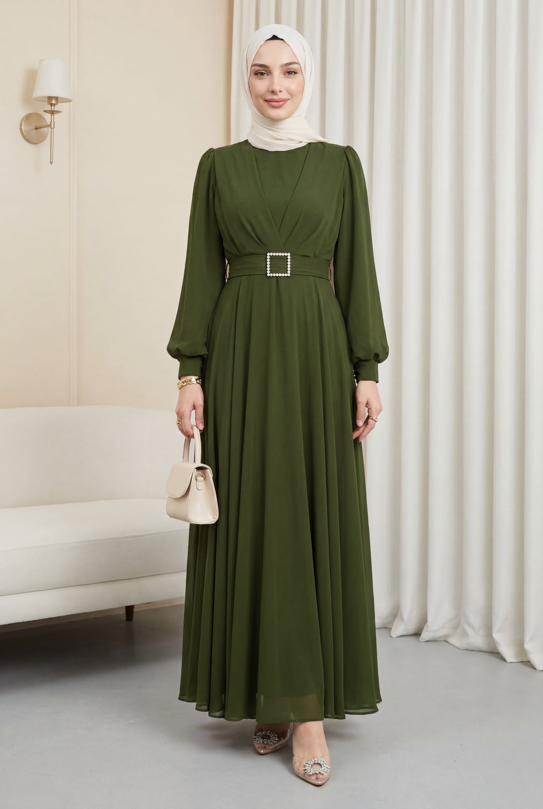 Olive Green Modest Dress with Rhinestone Belt - Podyumplus - by Peralane