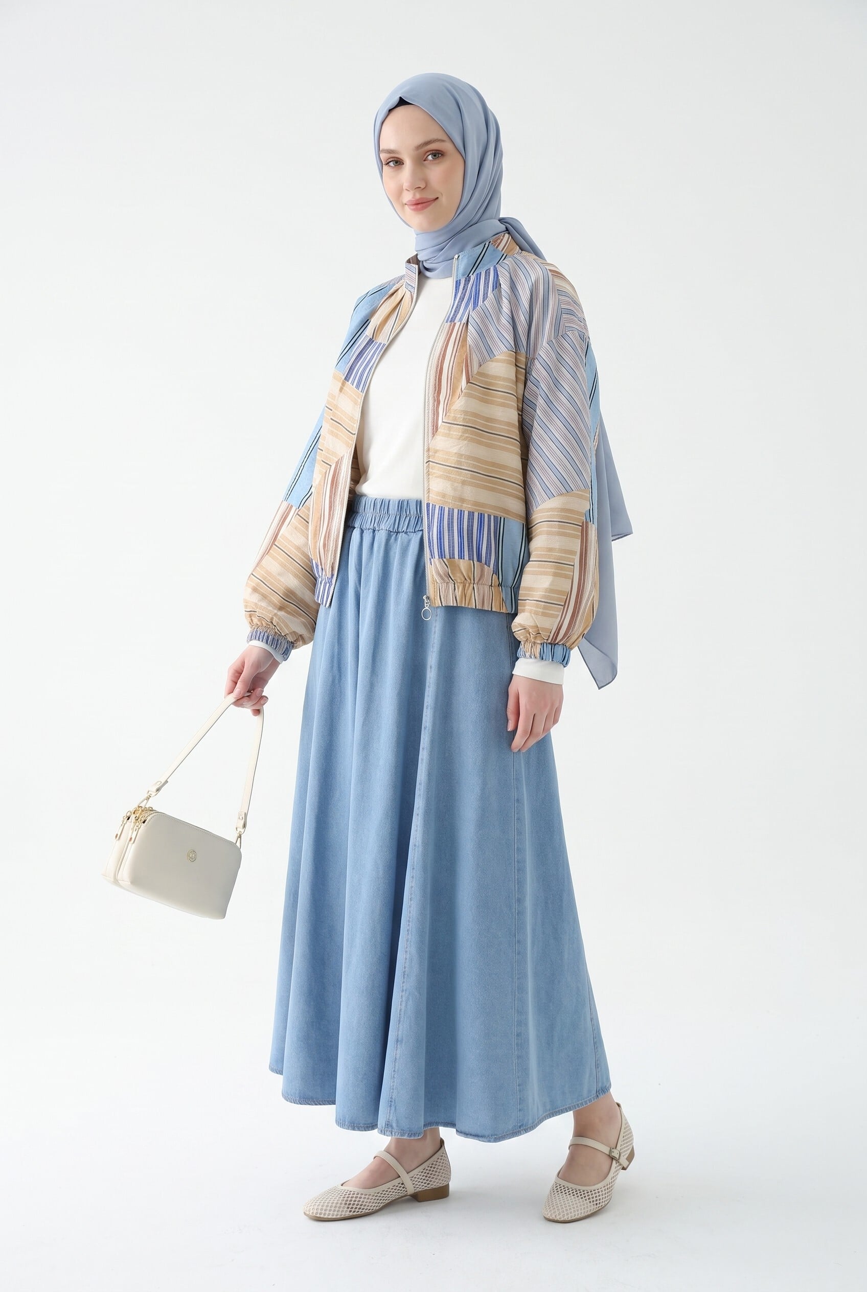 Zip-Front Patchwork Bomber Jacket - Light Blue - Podyumplus - by Peralane - photo 9