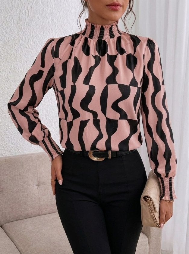 Women's Long-Sleeved Pink Abstract Print Smocked Neck Blouse - Janes - by Peralane - photo 3