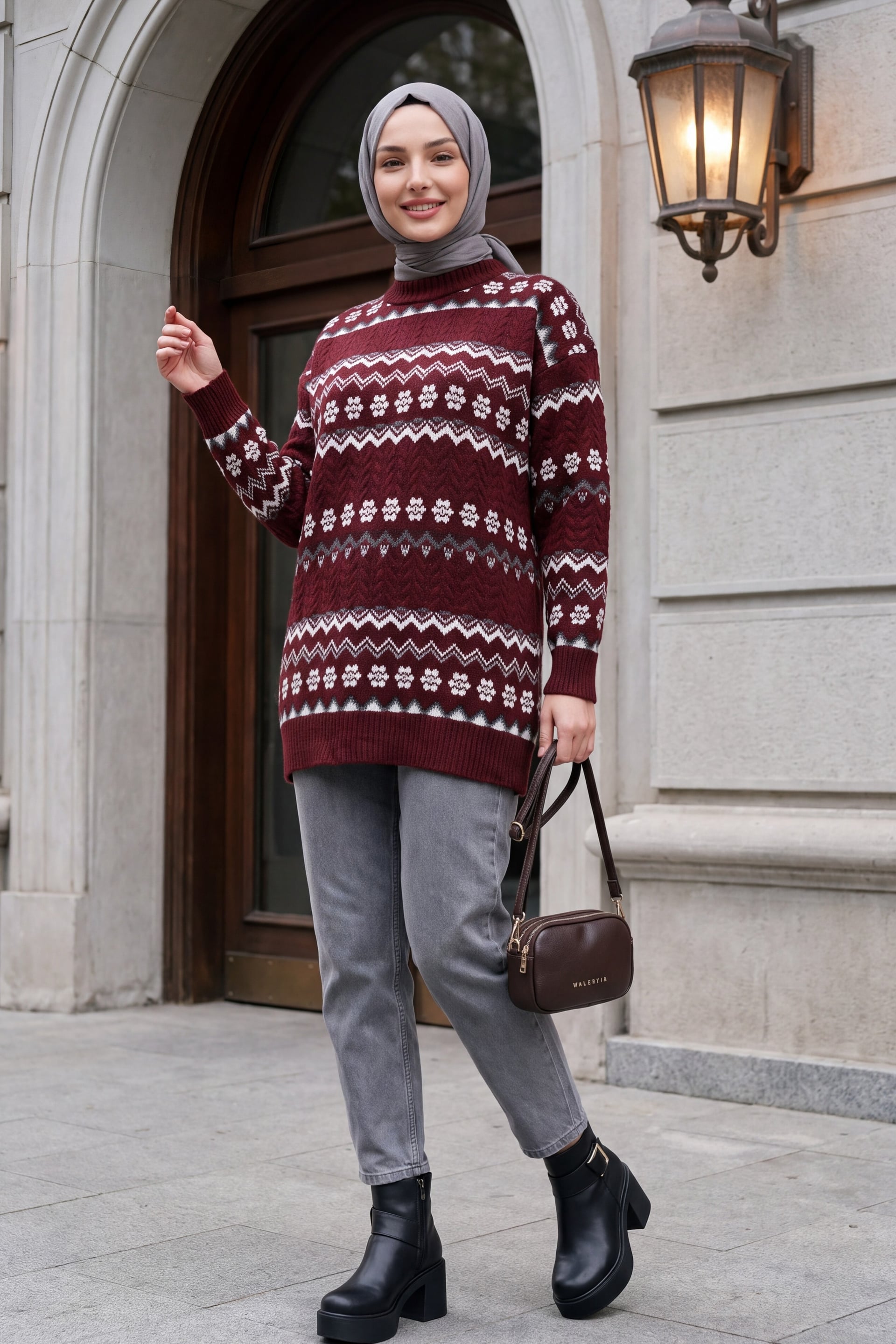 Round Neck Floral Ethnic Pattern Knit Tunic Sweater - Burgundy - Podyumplus - by Peralane - photo 5