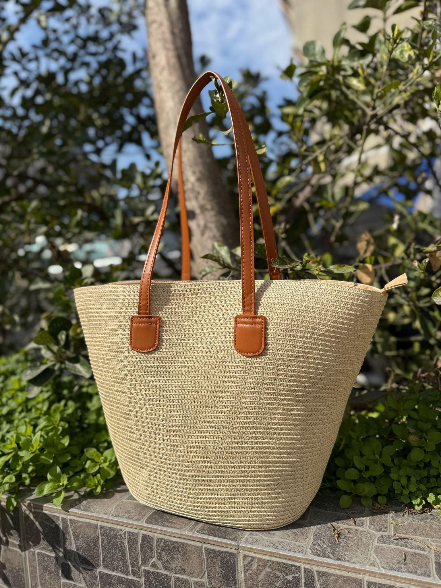 Beige Woven Straw Tote Bag with Faux Leather Trim - Nesvay - by Peralane