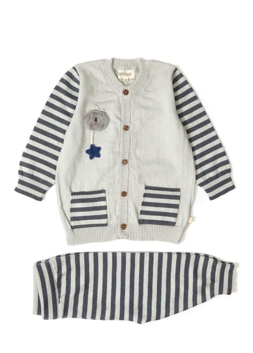 Organic Cotton Striped Knitwear Baby Cardigan and Trousers Set 12-36M - Uludag Triko - by Peralane