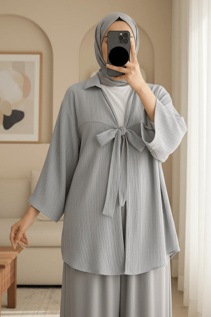 Front-Tie Crinkle Kimono - Grey - Podyumplus - by Peralane