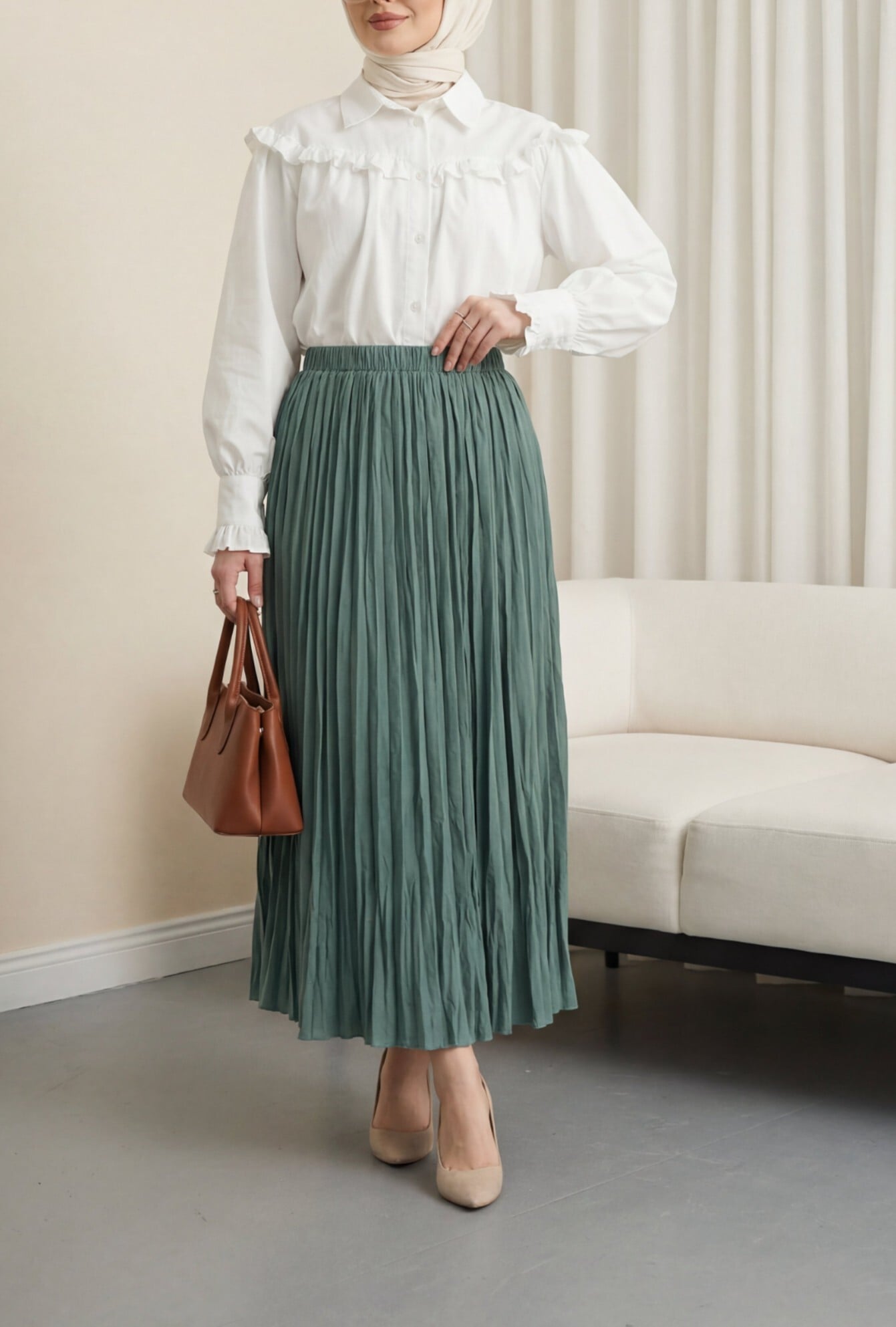 Women's High-Waisted Pleated Midi Skirt with Elastic Waistband - Muted Green - Podyumplus - by Peralane - photo 3