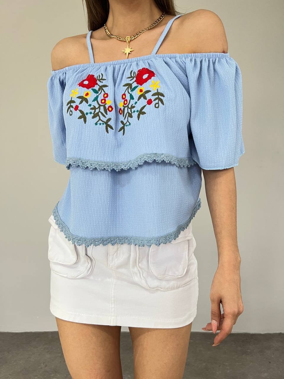 Embroidered Off-Shoulder Blouse in Baby Blue - Podyumplus - by Peralane - photo 3