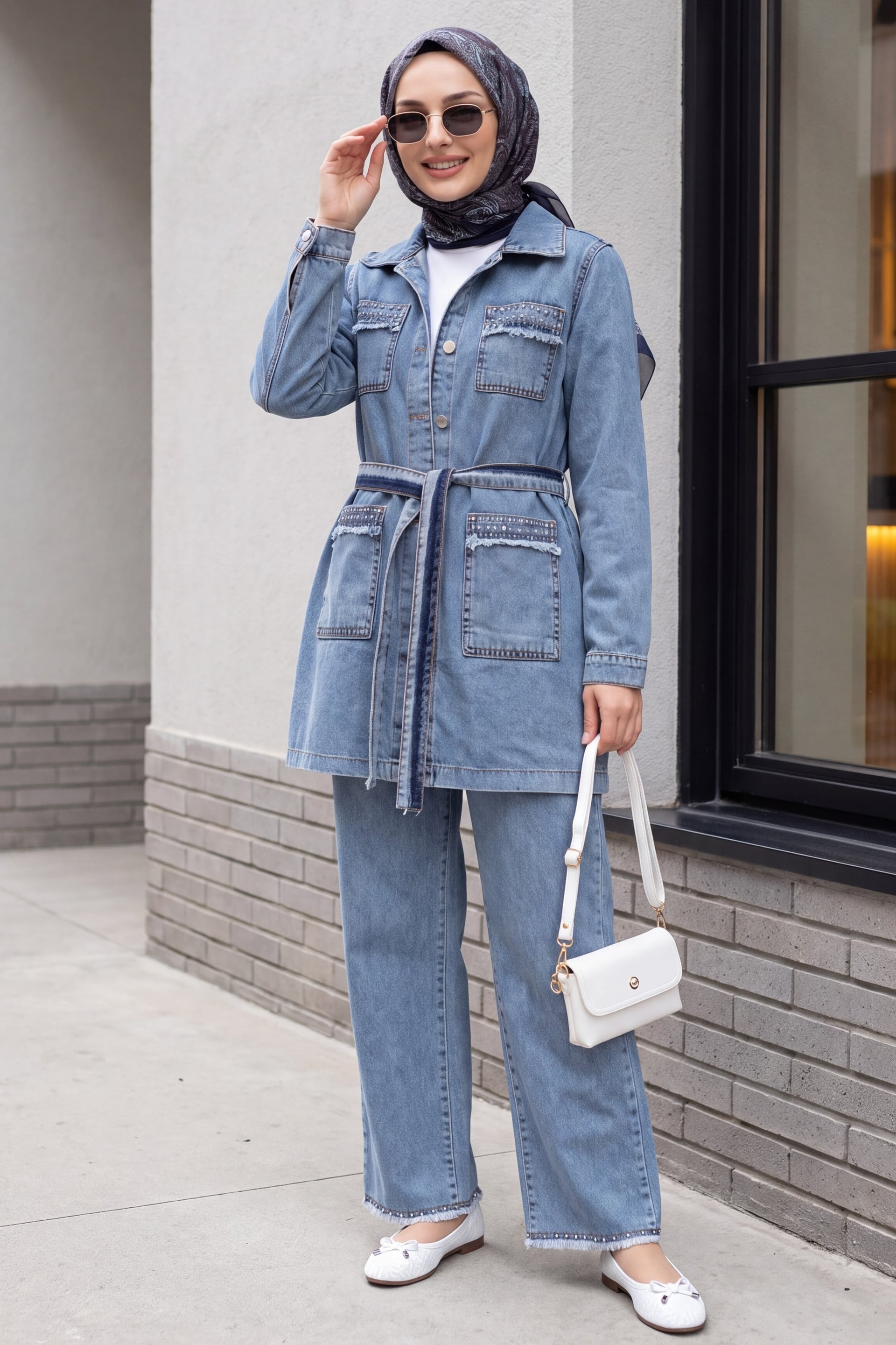 Stone Detail Denim Jacket and Trousers Co-ord Set - Ice Blue - Podyumplus - by Peralane