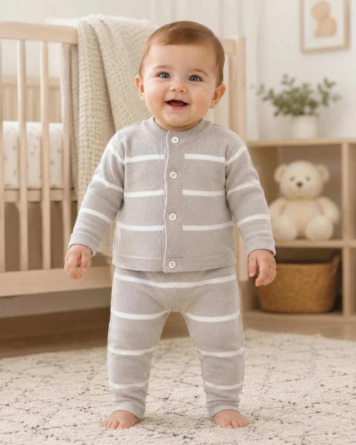 Baby Knitted Cardigan and Trousers Set in Grey with White Stripes - Pack of 3 - Has Bereket - by Peralane