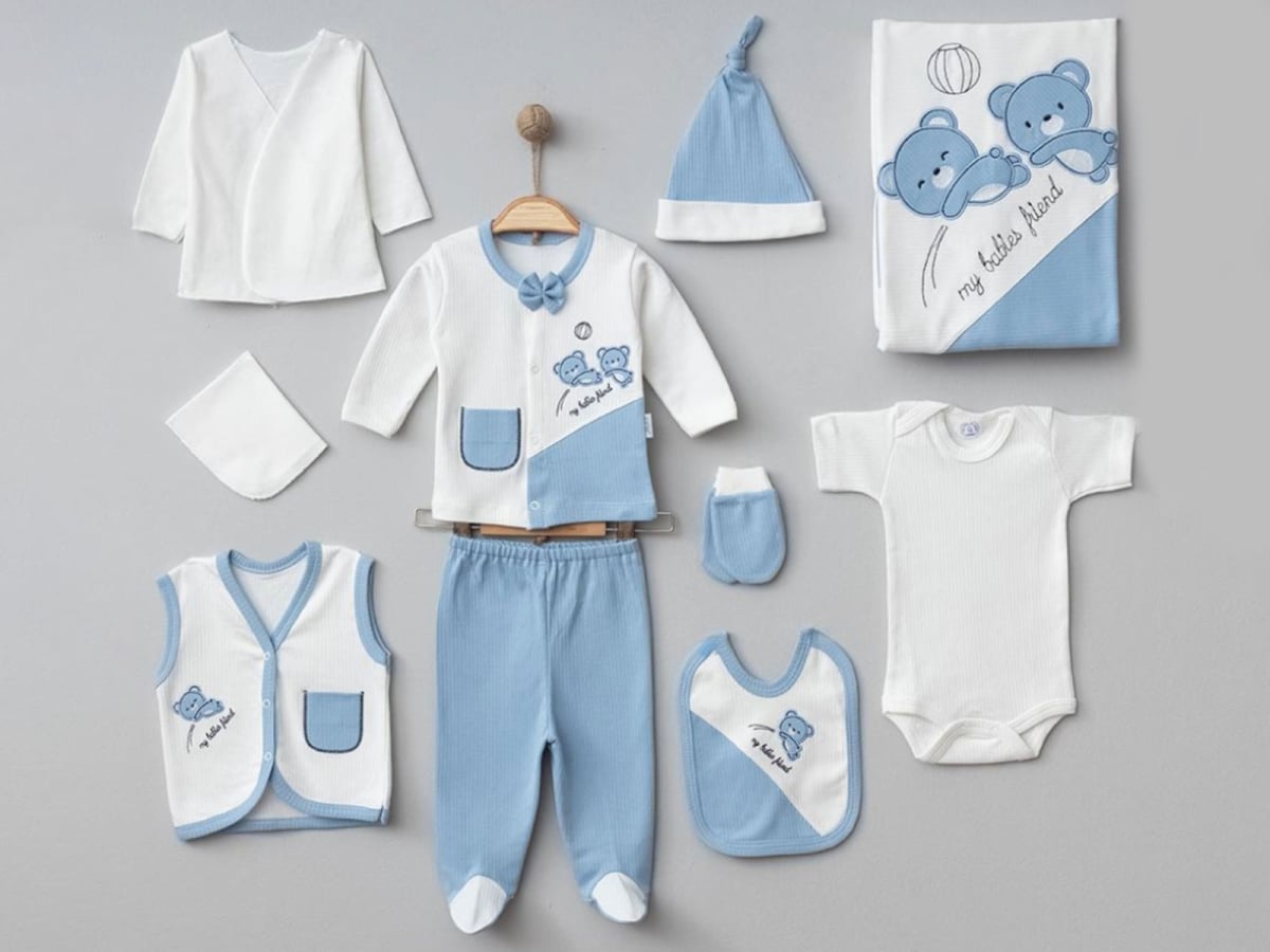 Bear Embroidery 10-Piece Boys' Hospital Exit Bodysuit Set - Blue - Zipir - by Peralane