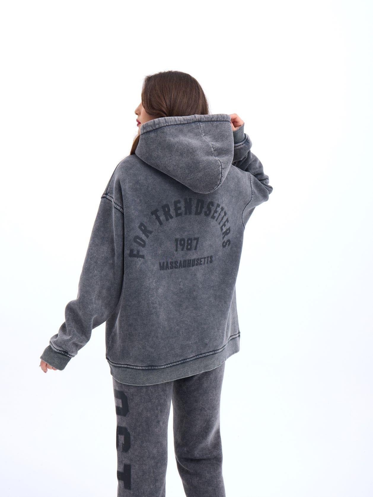 Washed Charcoal Grey Cotton Hoodie and Trousers Tracksuit Set - Fame - by Peralane - photo 2