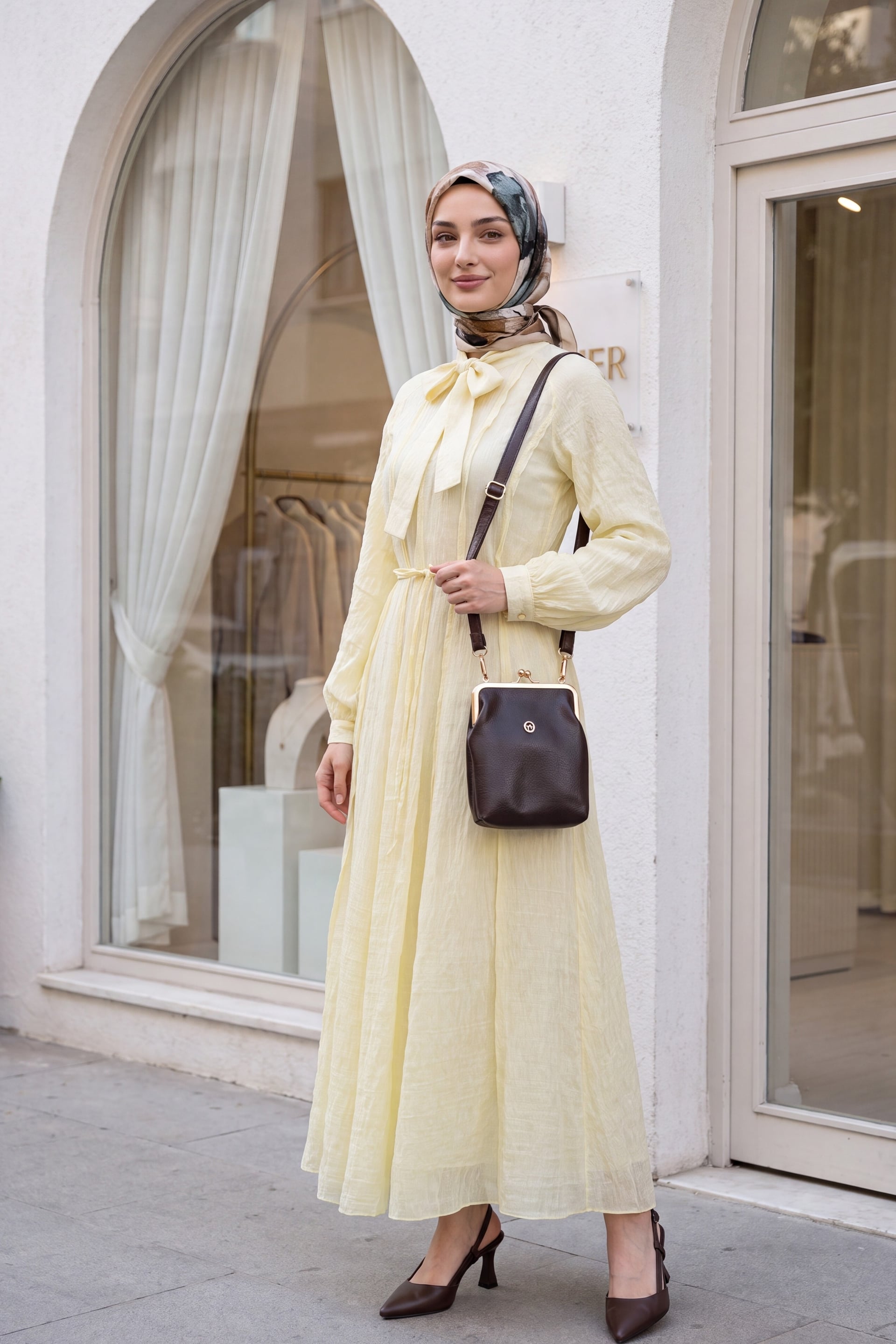 Women's Self-Tie Collar Belted Lined Reglan Sleeve Dress - Pale Yellow - Podyumplus - by Peralane - photo 4