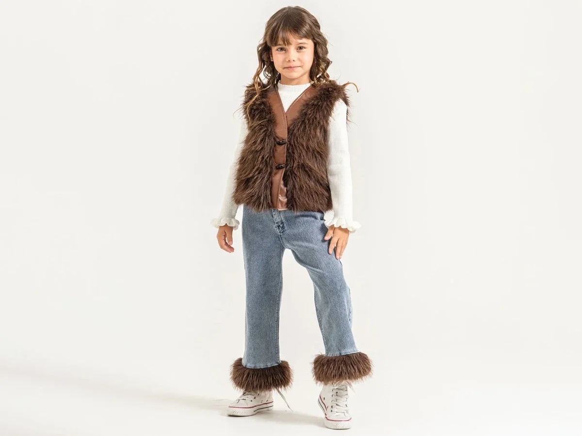 Striped Ruffle Detail Faux Fur Jacket Buttoned Girls' Three-Piece Set - Pampal Kids - by Peralane