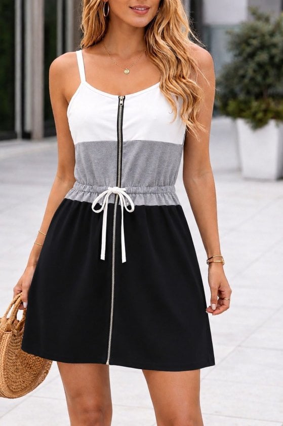 Women's Spaghetti Strap Color-Block A-Line Dress with Front Zipper and Drawstring Waist - Janes - by Peralane