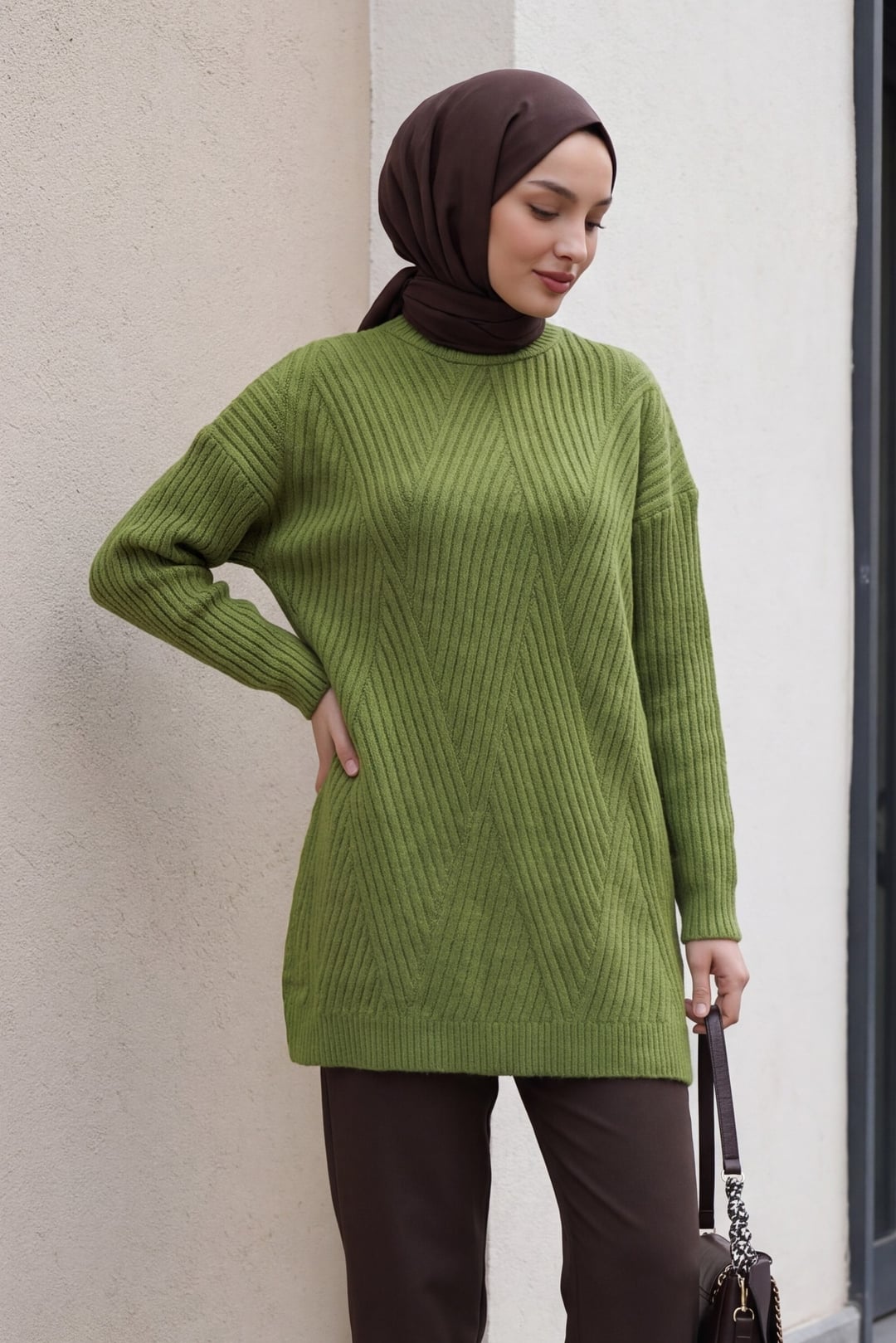 Baklava Patterned Knit Tunic - Khaki - Podyumplus - by Peralane - photo 2