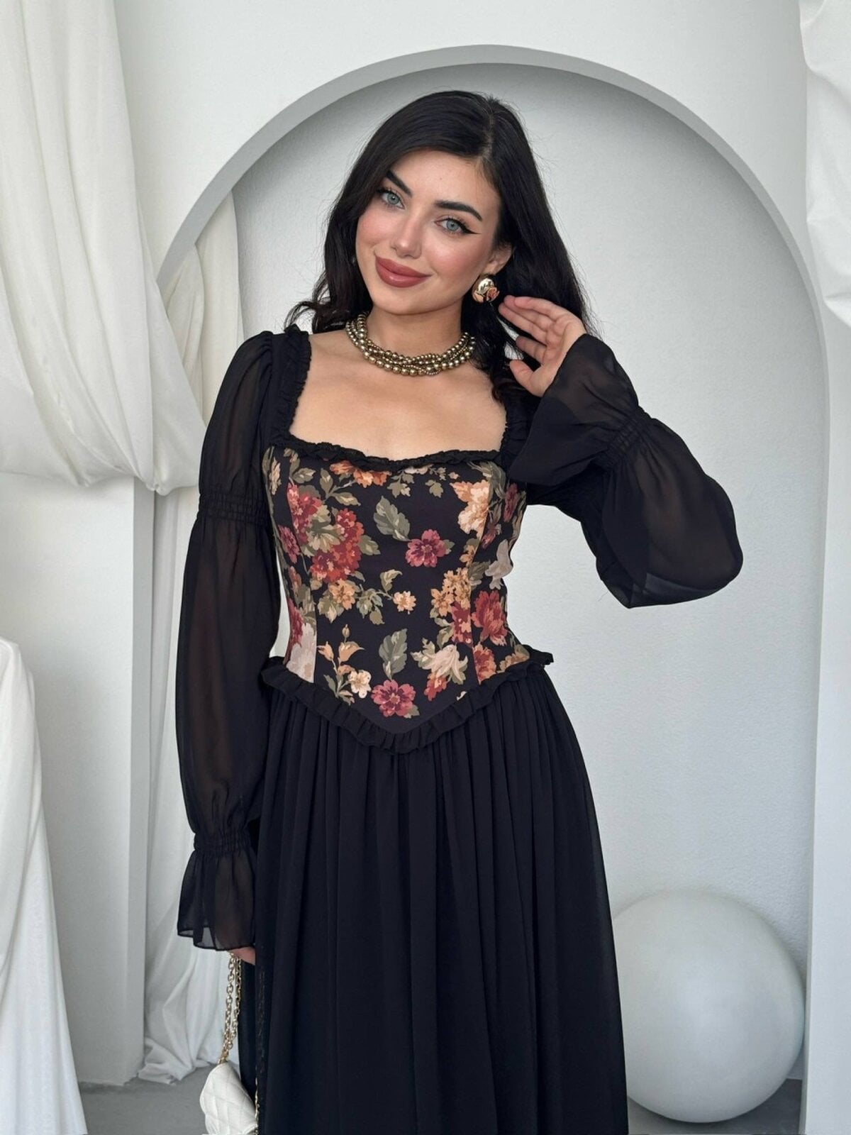 Black Floral Print Chiffon Satin Dress with Sheer Balloon Sleeves - Etika - by Peralane