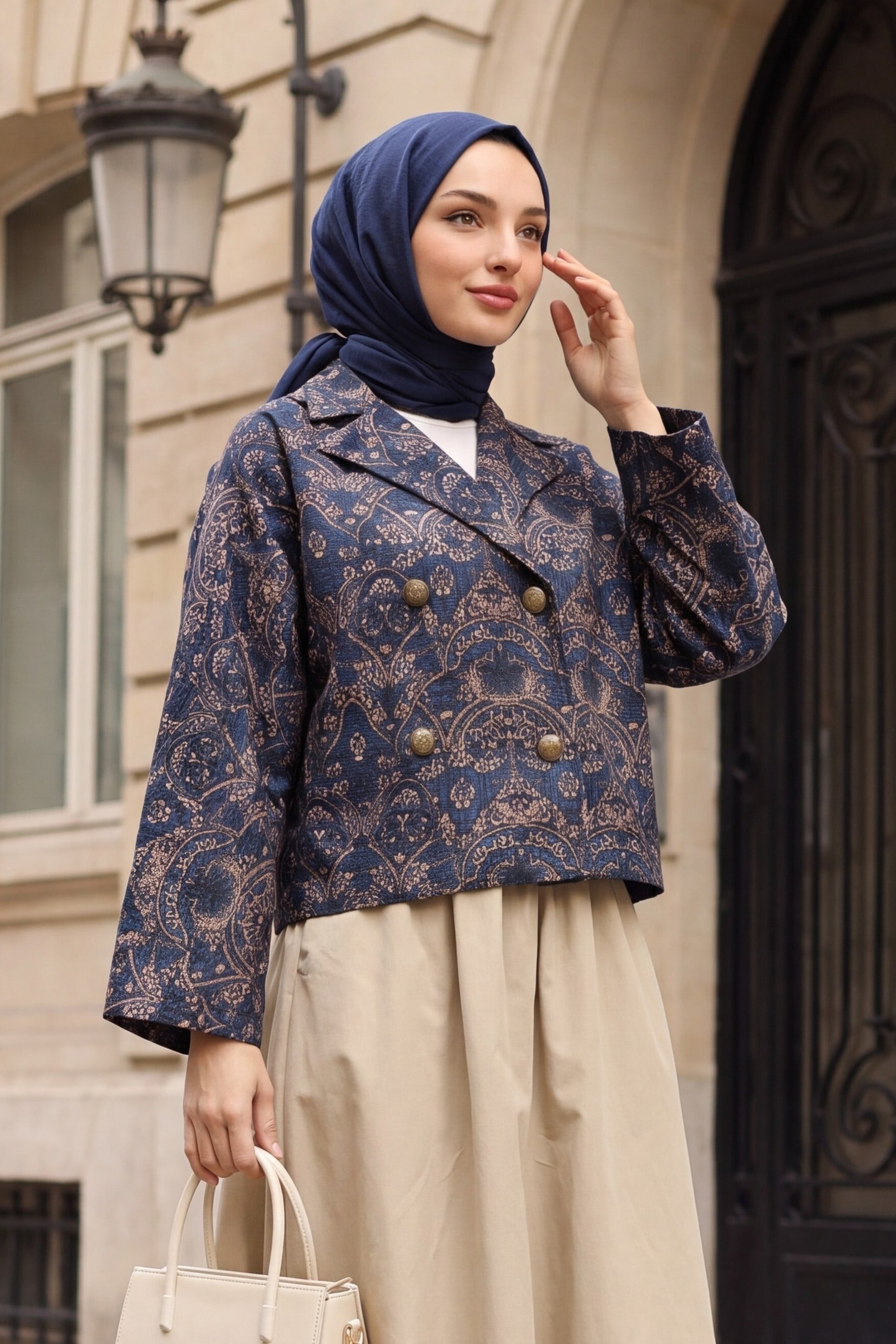Women's Double-Breasted Quilted Jacket with Paisley Print - Navy - Podyumplus - by Peralane - photo 2