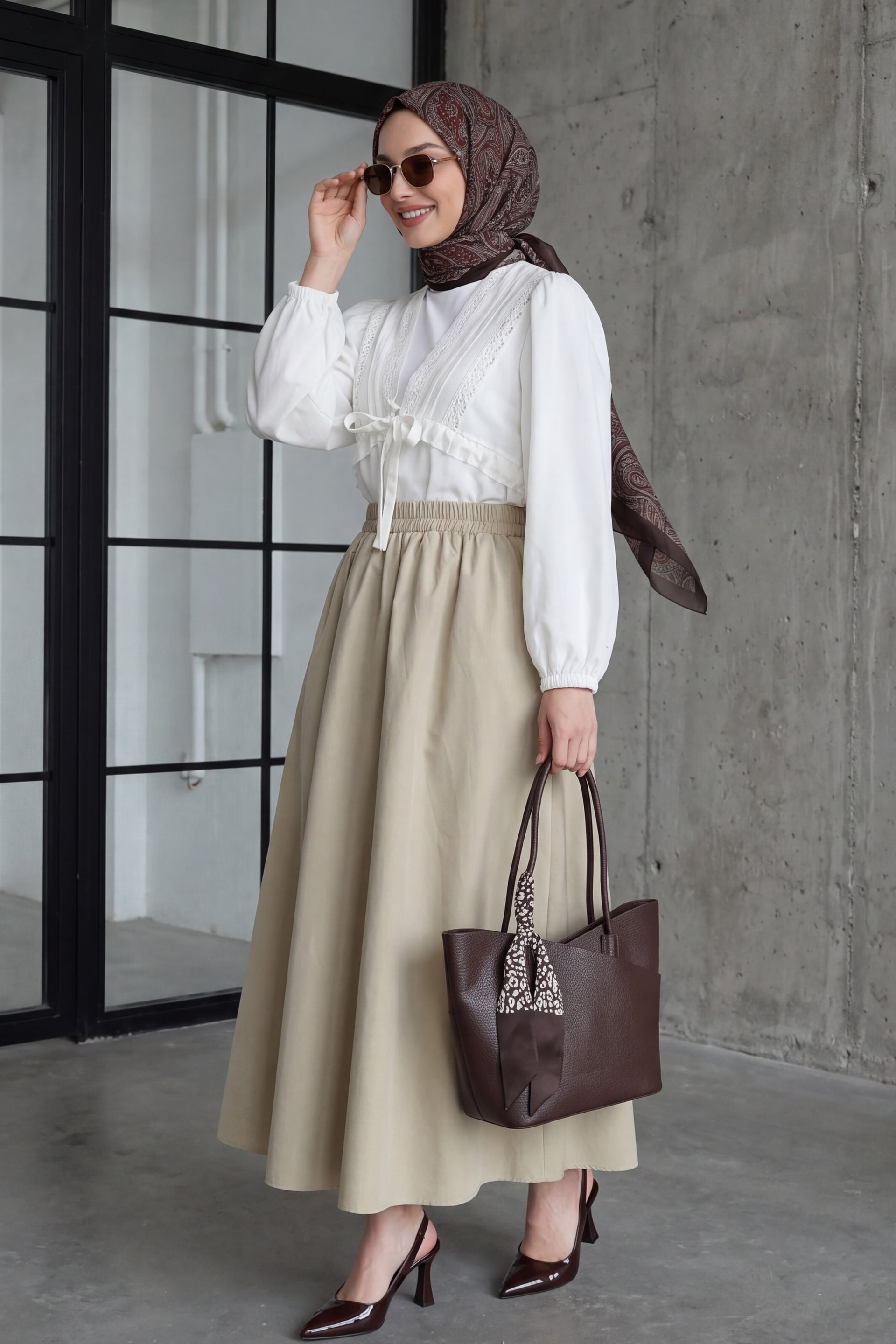 Elasticated Waist Double Pocket Poplin Skirt - Beige - Podyumplus - by Peralane - photo 3