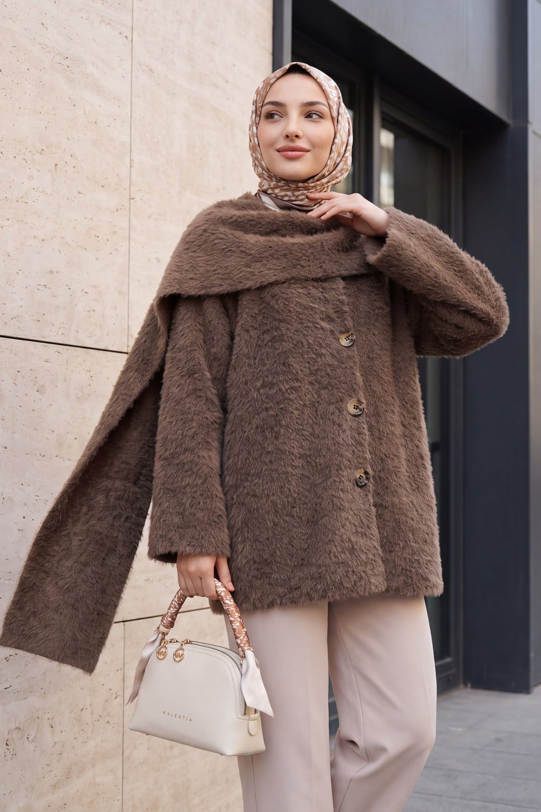 Shawl Collar Button Front Fuzzy Knit Cardigan - Brown - Podyumplus - by Peralane - photo 2