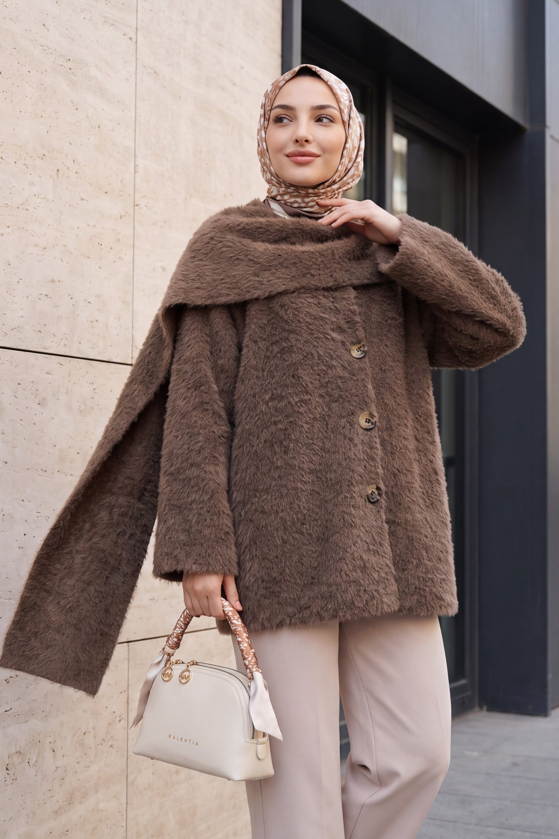 Shawl Collar Button Front Fuzzy Knit Cardigan - Brown - Podyumplus - by Peralane - photo 2
