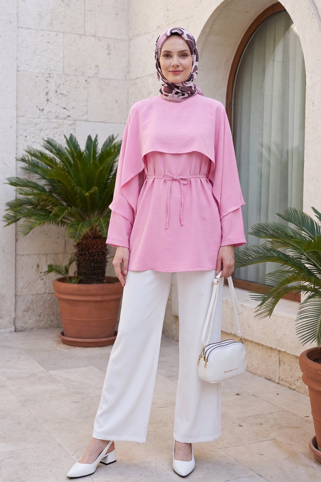 Cape Detail Belted Voile Tunic - Pink - Podyumplus - by Peralane - photo 4