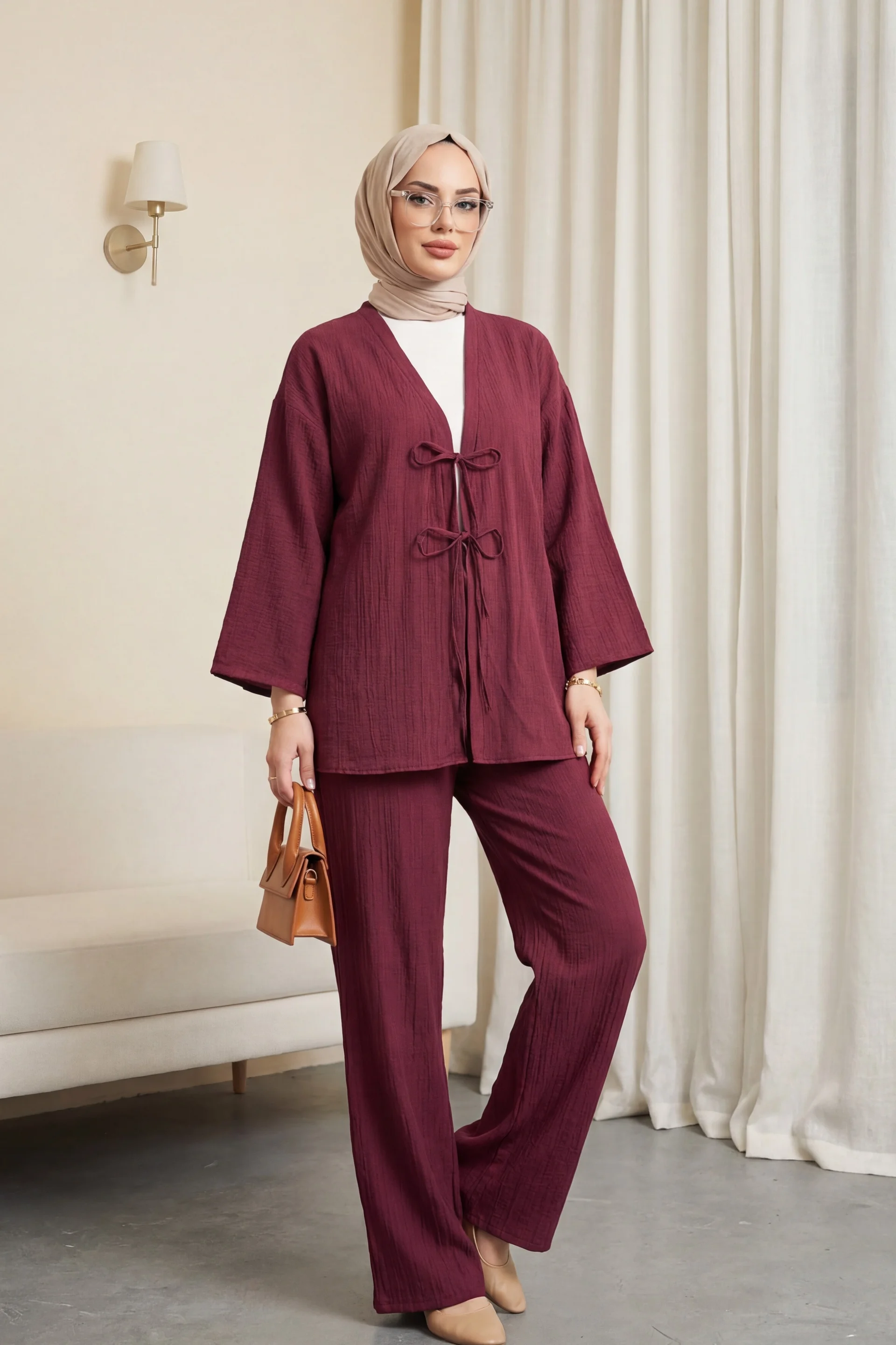 Women's Crinkled Two-Piece Set with Tie-Front Kimono Jacket and Wide-Leg Trousers - Burgundy - Podyumplus - by Peralane - photo 2