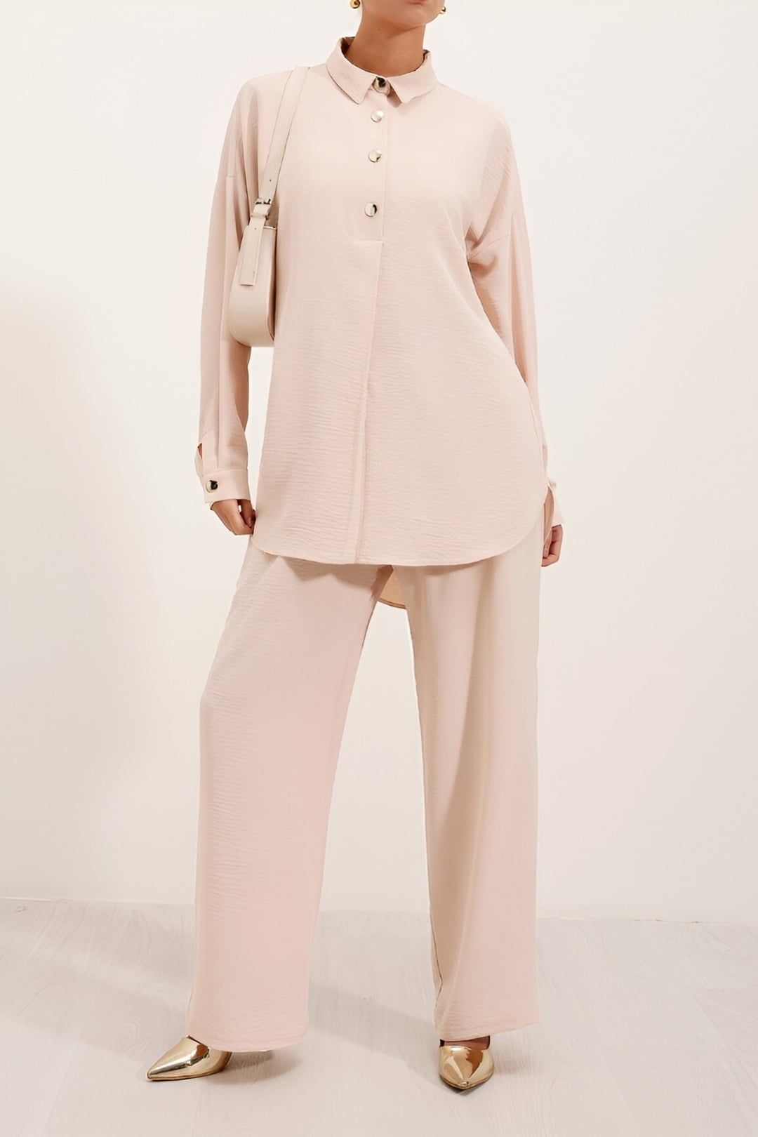 Polo Collar Ayrobin Co-ord Set with Snap Placket - Beige - Podyumplus - by Peralane