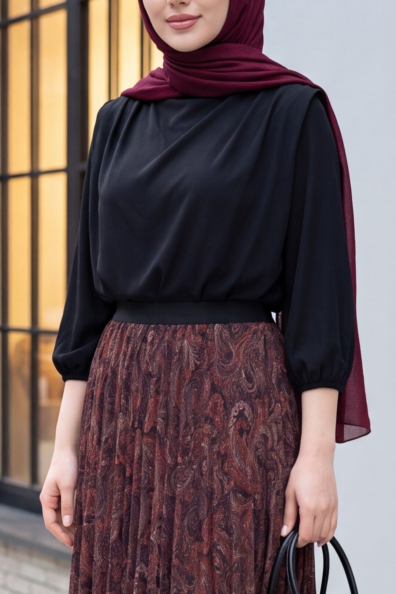 Black Long-Sleeved Modest Top with Draped Neckline and Paisley Midi Skirt Set - Podyumplus - by Peralane - photo 2