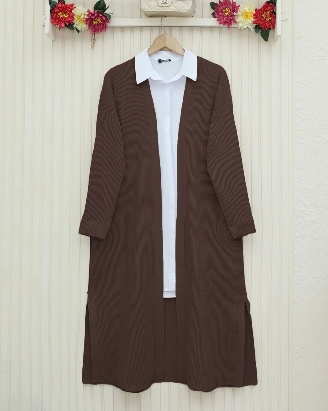 Long Ribbed Knit Cardigan with Side Slits - Brown - Podyumplus - by Peralane - photo 4