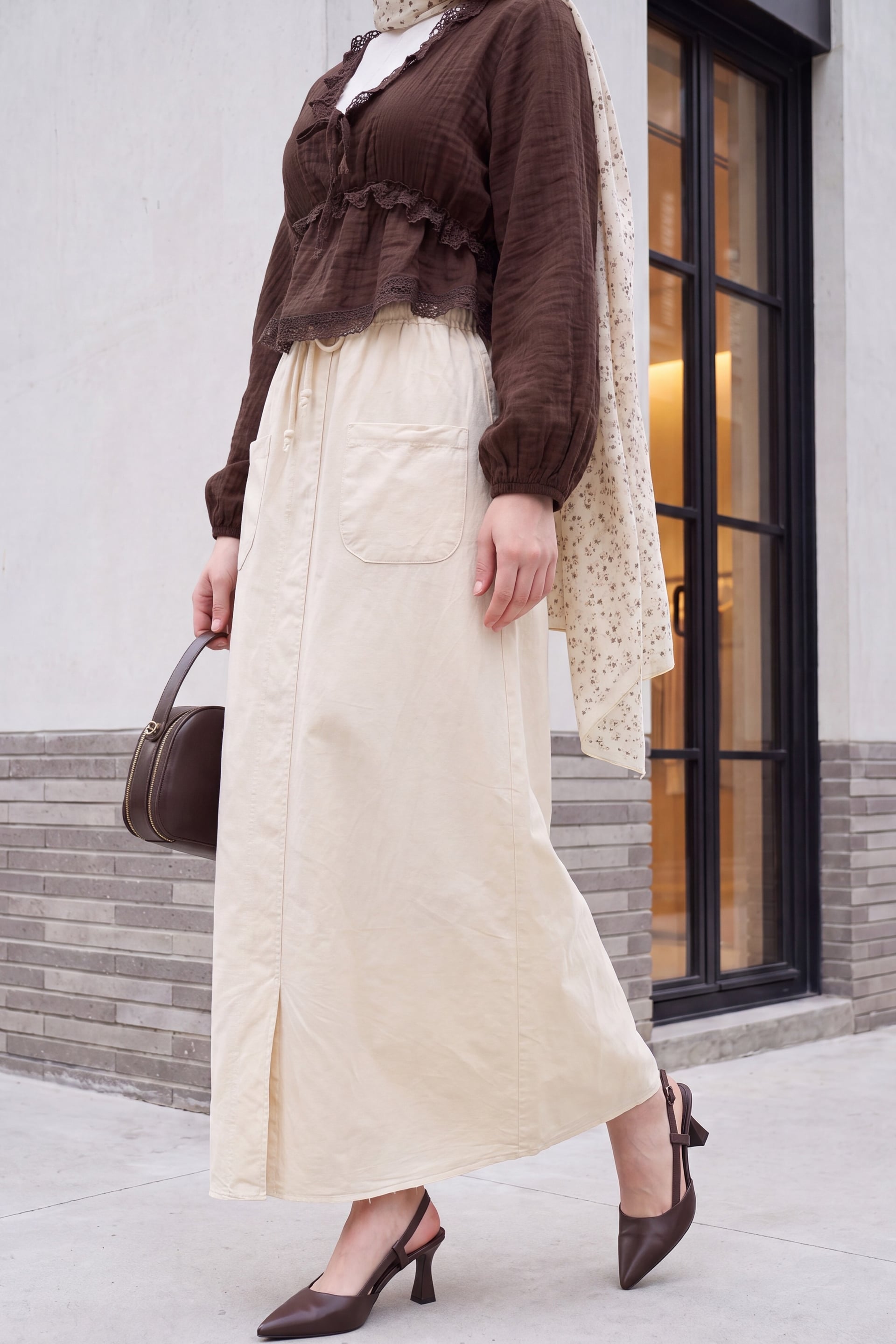 Beige Drawstring Waist Linen-Look Slit Skirt - Podyumplus - by Peralane - photo 2