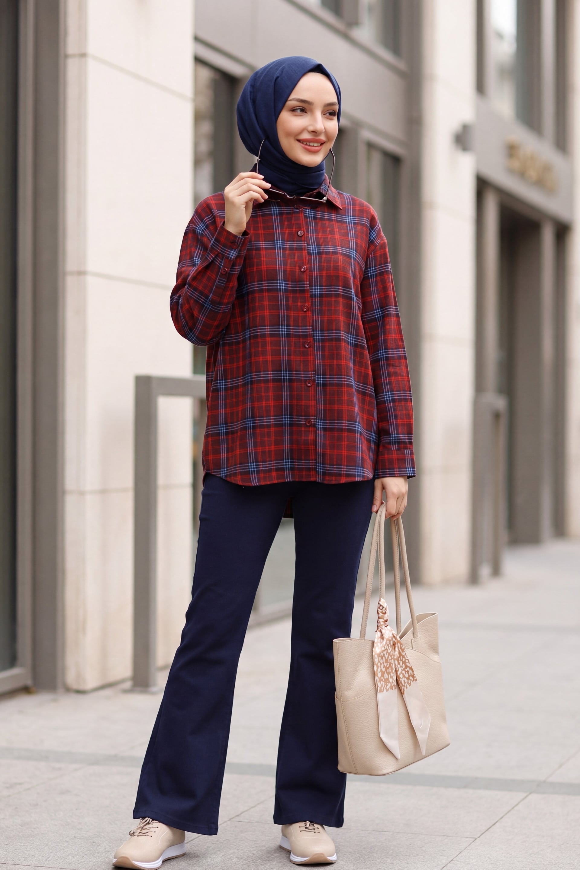 Red Plaid Oval Cut Oversize Shirt for Women - Podyumplus - by Peralane - photo 5