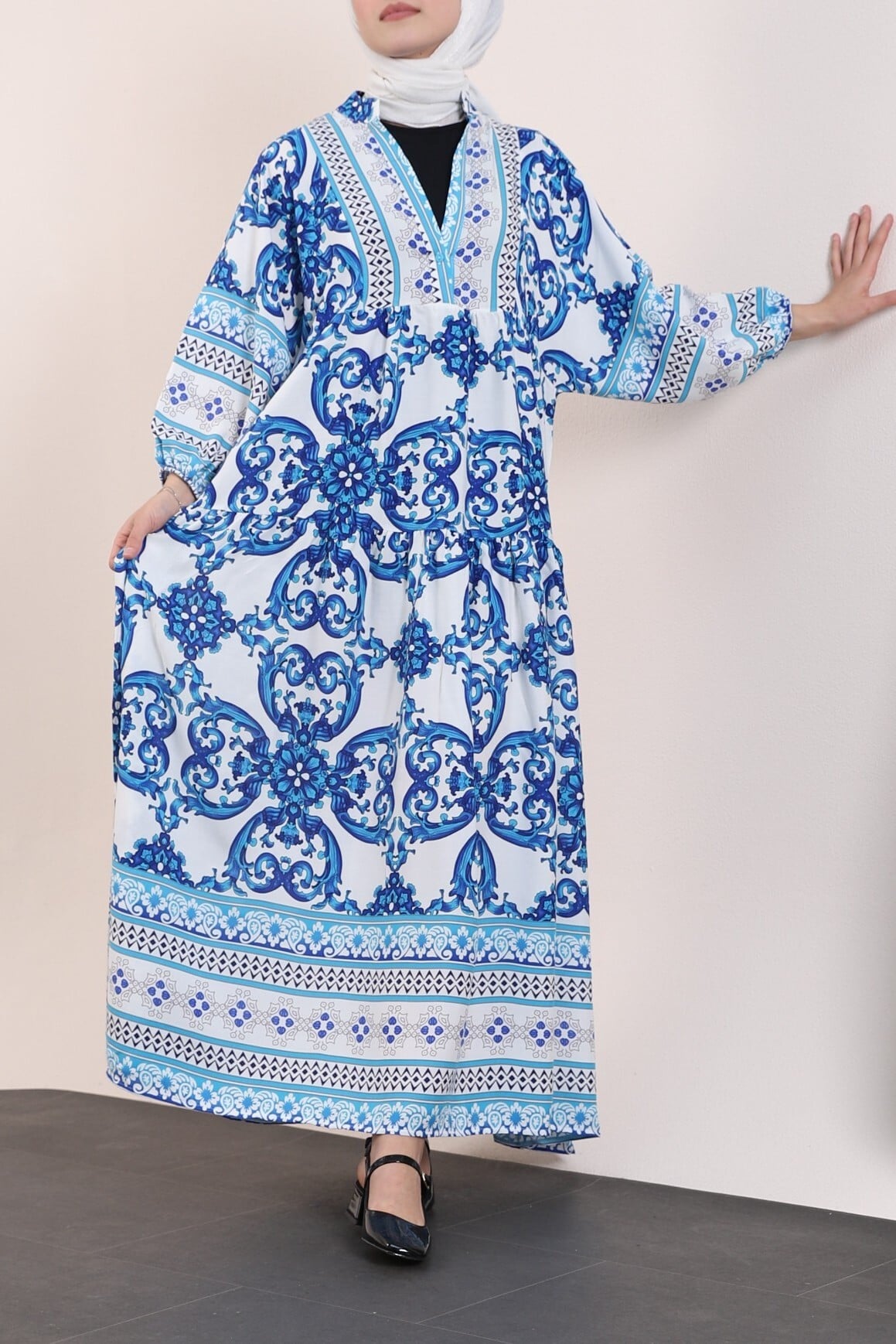 V-Neck Batwing Sleeve Paneled Viscose Dress - Dark Navy - Podyumplus - by Peralane - photo 2