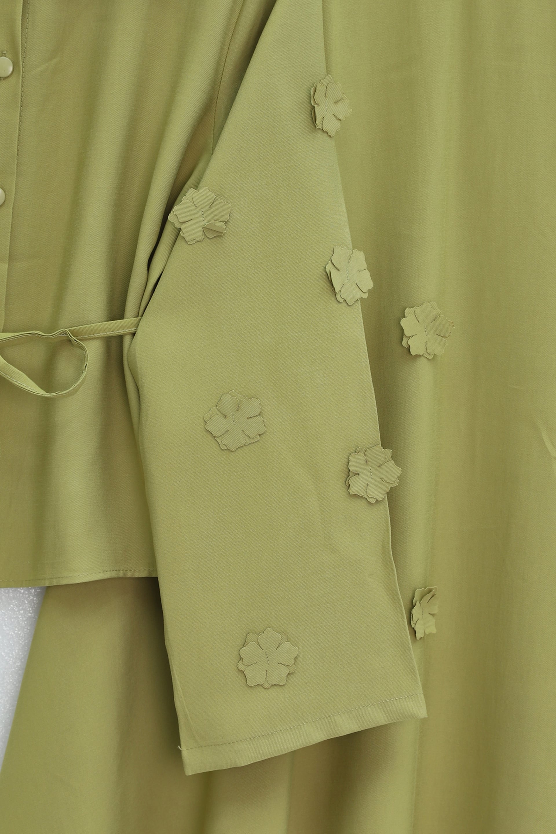 Women's Floral Sleeve and Skirt Two-Piece Modal Set with Tie Waist - Olive Green - Podyumplus - by Peralane - photo 4