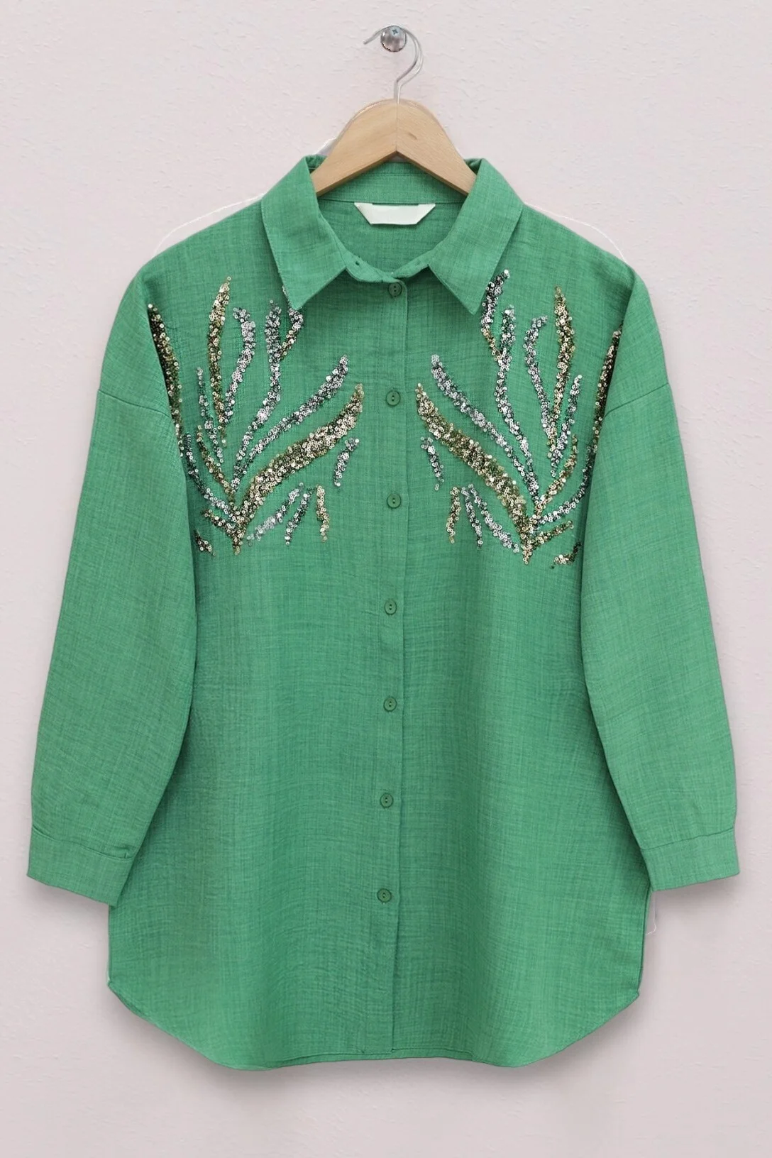 Paillette Sequin Front Button-Down Long Blouse - Forest Green - Podyumplus - by Peralane - photo 4
