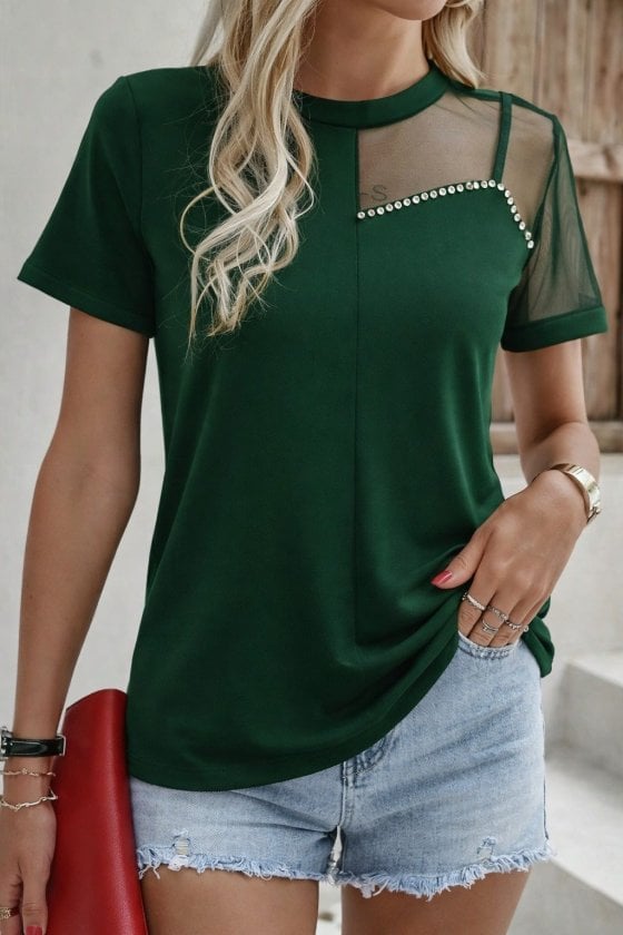 Women's Short-Sleeve T-Shirt with Tulle Detail and Rhinestones - Janes - by Peralane - photo 2
