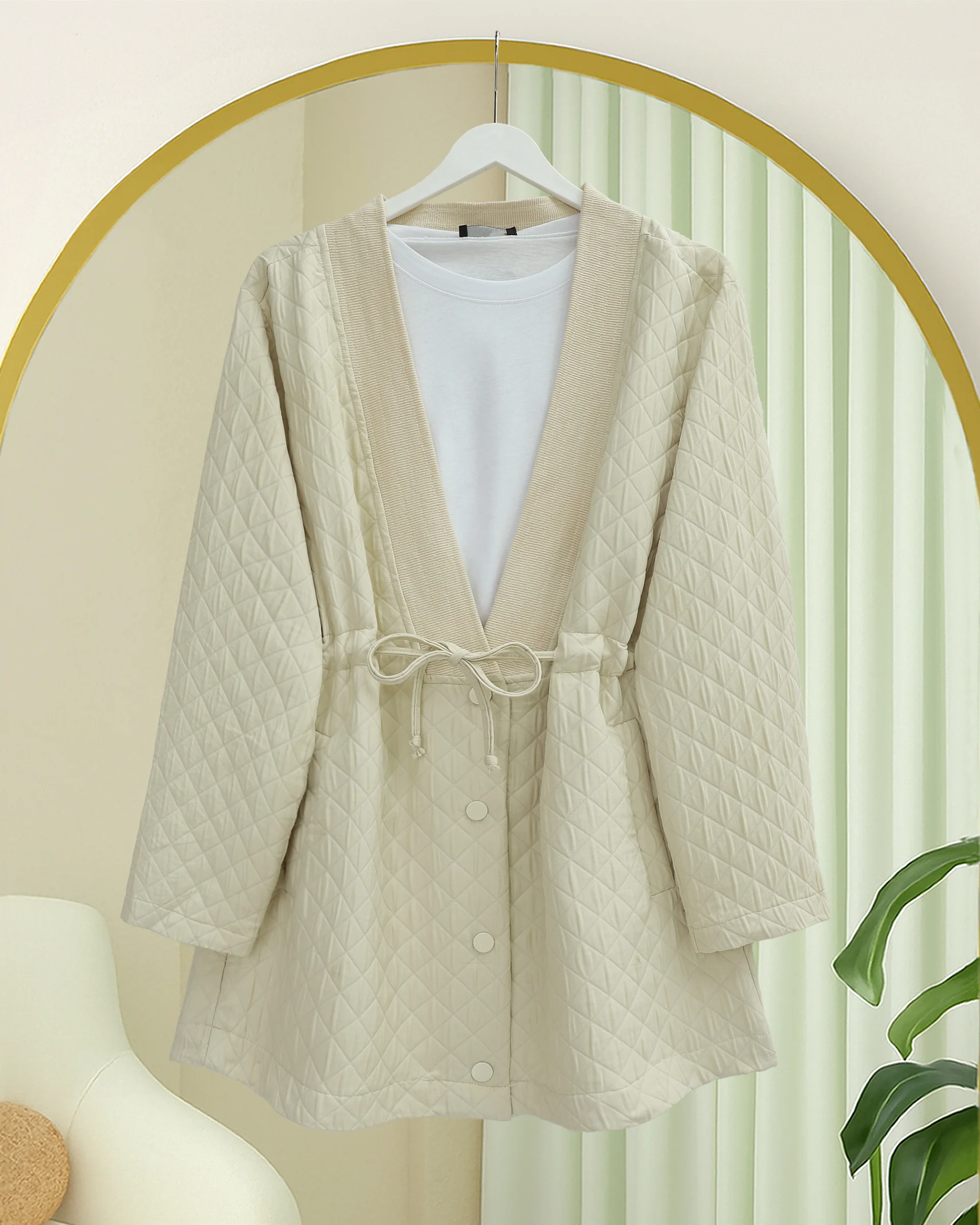 V-Neck Drawstring Waist Quilted Jacket with Pockets - Beige - Podyumplus - by Peralane - photo 2